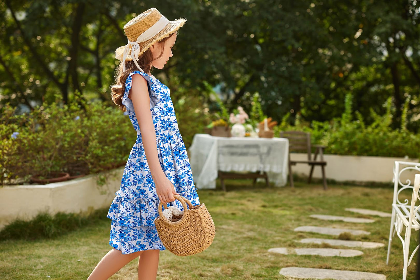 Arshiner Mädchen Kleider Flatterärmel Kinder Sommer Baumwolle Festliche Kleid A-Linie Taille Einschnüren Freizeitkleid Swingkleid Elegant ärmelloses Kleid für Mädchen 5-13 Jahre