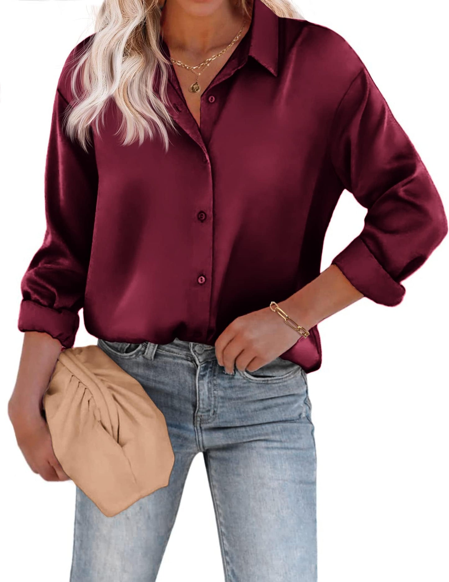 Beyove Damen Bluse Satin Seide V-Ausschnitt Hemden Elegant Langarm Business Oberteile mit Knöpfen Tops Lose Langarmshirt