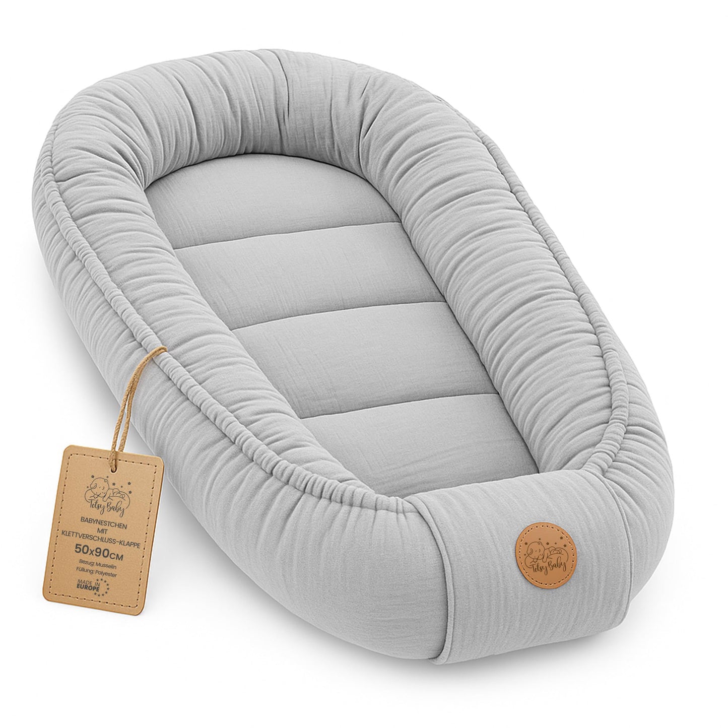 Musselin Babynest Nestchen Baby 90x50 cm - Babynestchen Neugeborene Nest für Kinder Bett und Babybett tragbar Kuschelnest Coccon für Jungen und Mädchen Baumwolle Grau