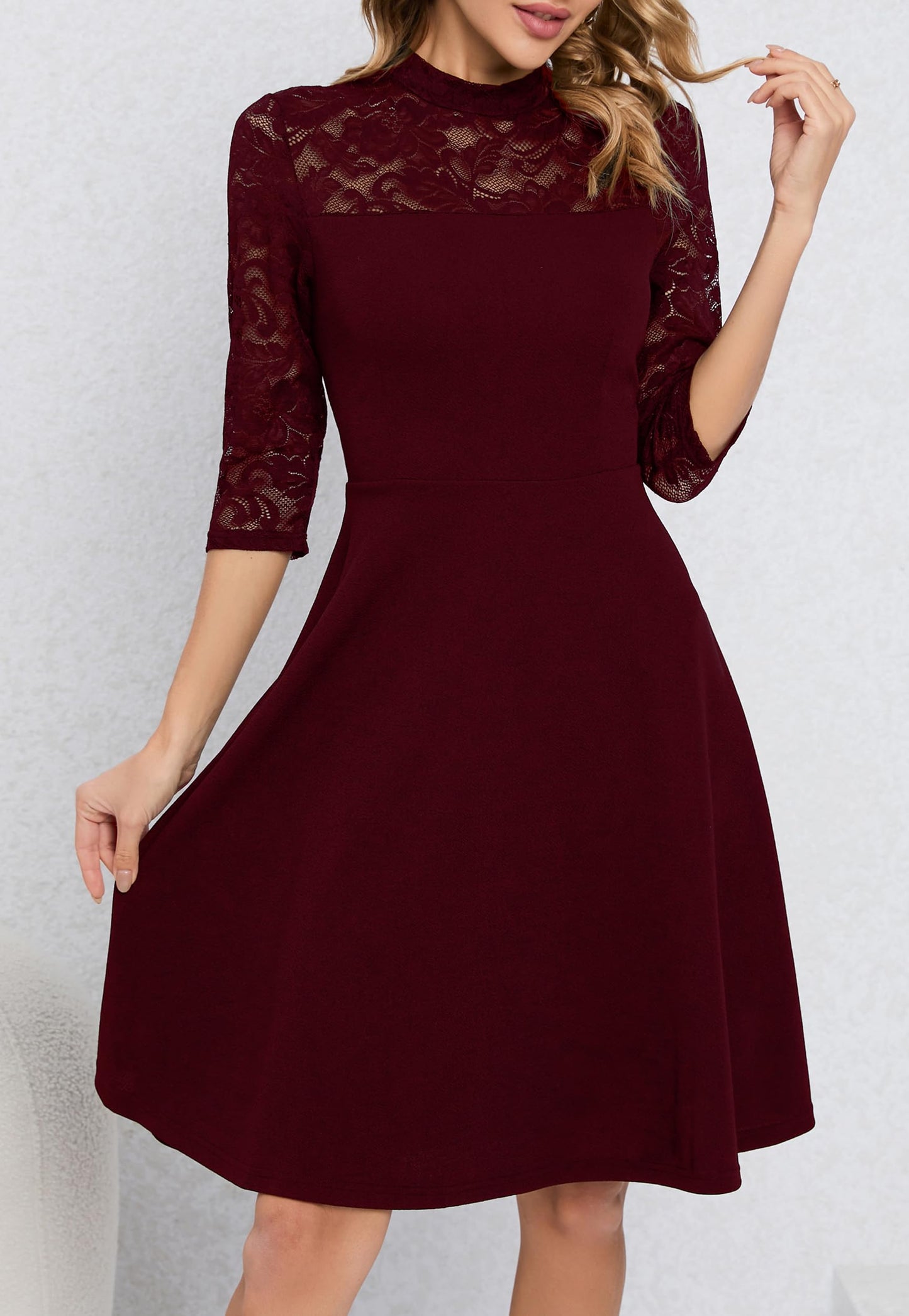 HOMEYEE Damen Elegant Spitze 3/4 Ärmel Rockabilly Kleid Retro Knielang Cocktailkleid für Hochzeit A368