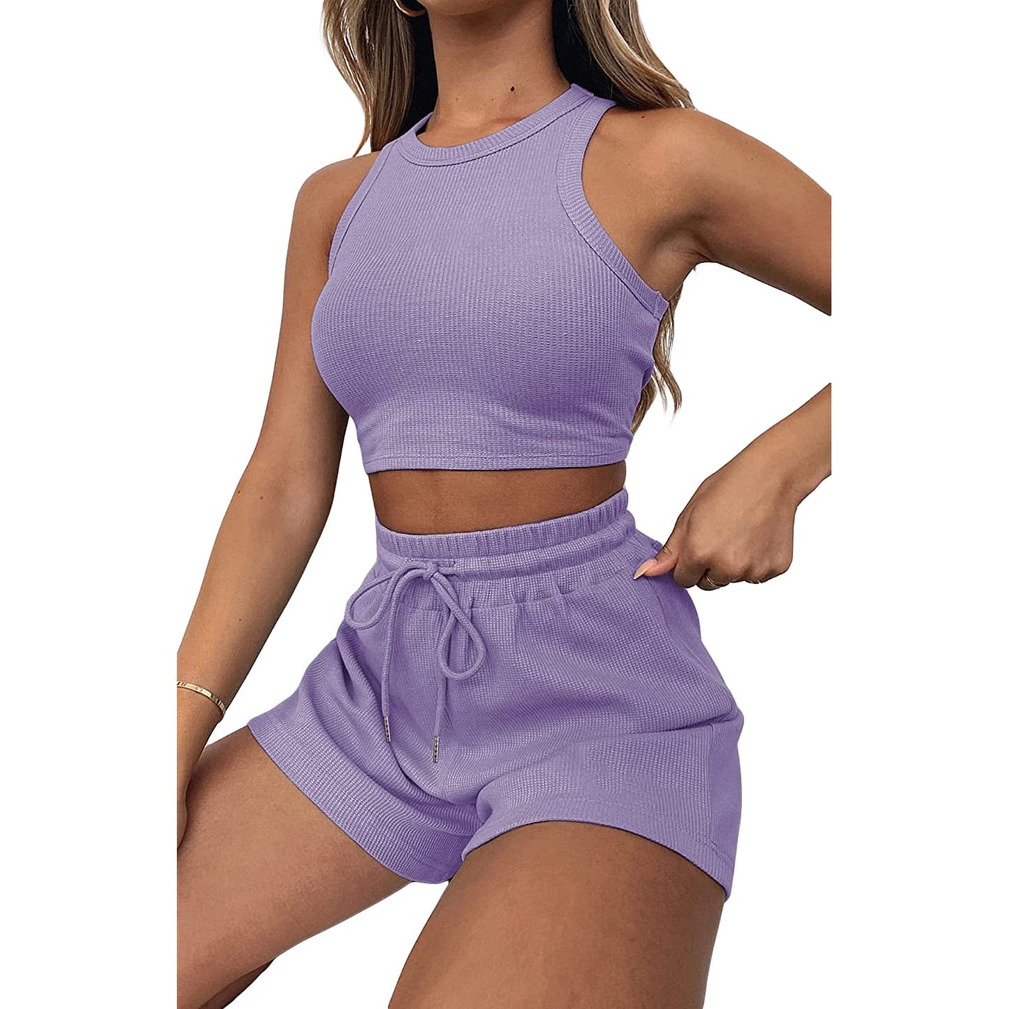 Geagodelia Damen Zweiteiler Sommer Hosenanzug Elegant Outfits Kleidung 2 Teiler Set Crop Tank Top + Shorts Y2k Aesthetic Clothes Workout Sport Anzug