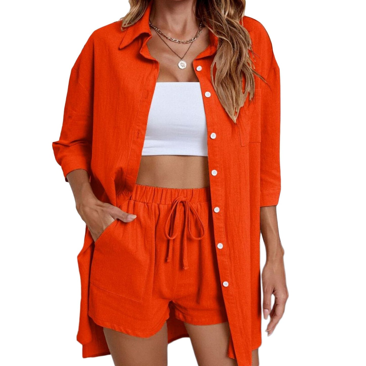 Geagodelia Damen Zweiteiler Elegant Hosenanzug Sommer Outfits Kleidung 2 Teiler Set Bluse Top + Shorts Y2k Aesthetic Clothes Loungewear Anzug