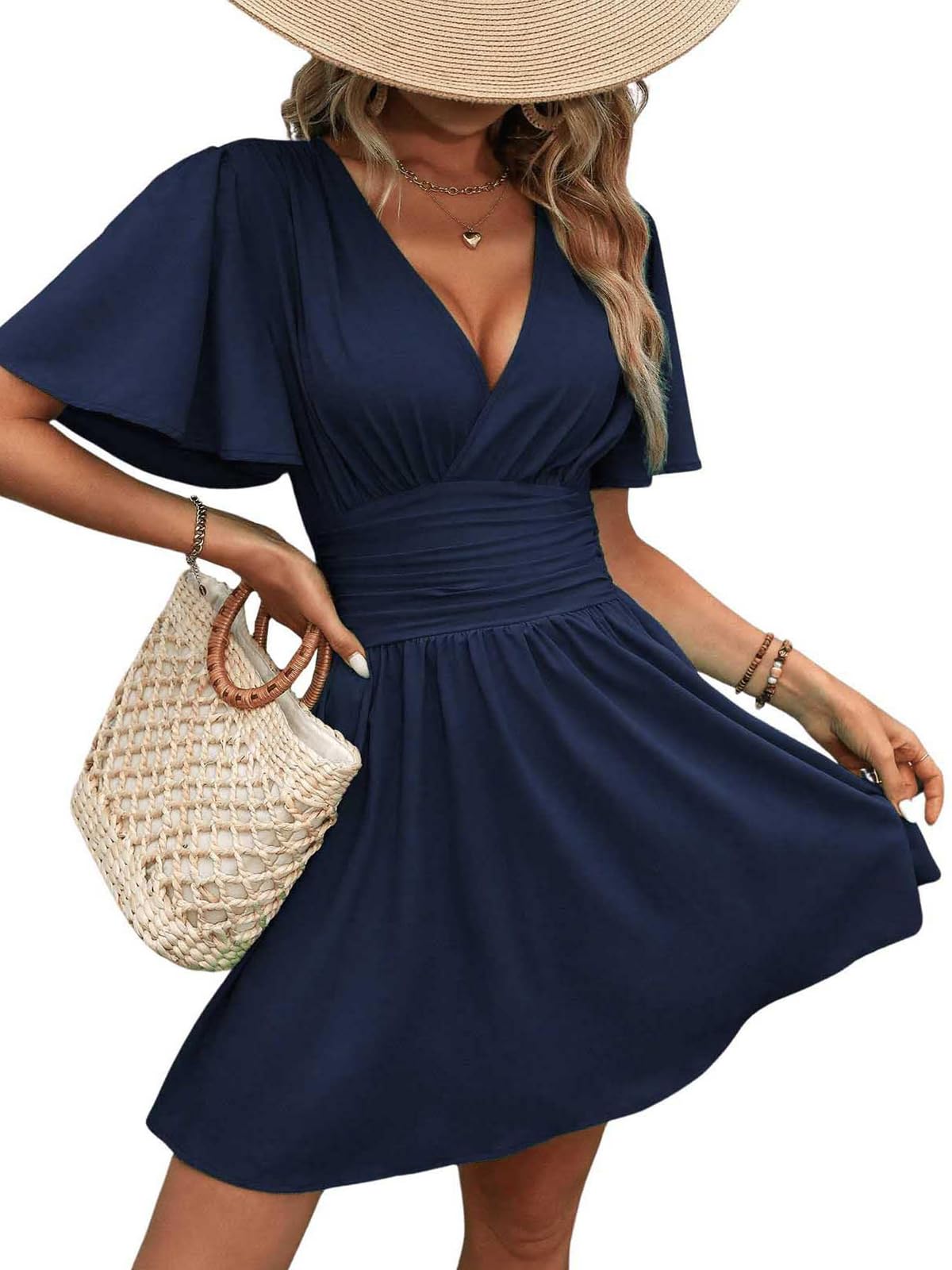 LIAMERHE Damen Elegant Kleid Langarm/Kurze Ärmel V-Ausschnitt Casual Kleider A-Linie Blumenmuster Minikleid Freizeitkleider Sommer Herbst Winter Laternenärmeln Kleid Partykleid