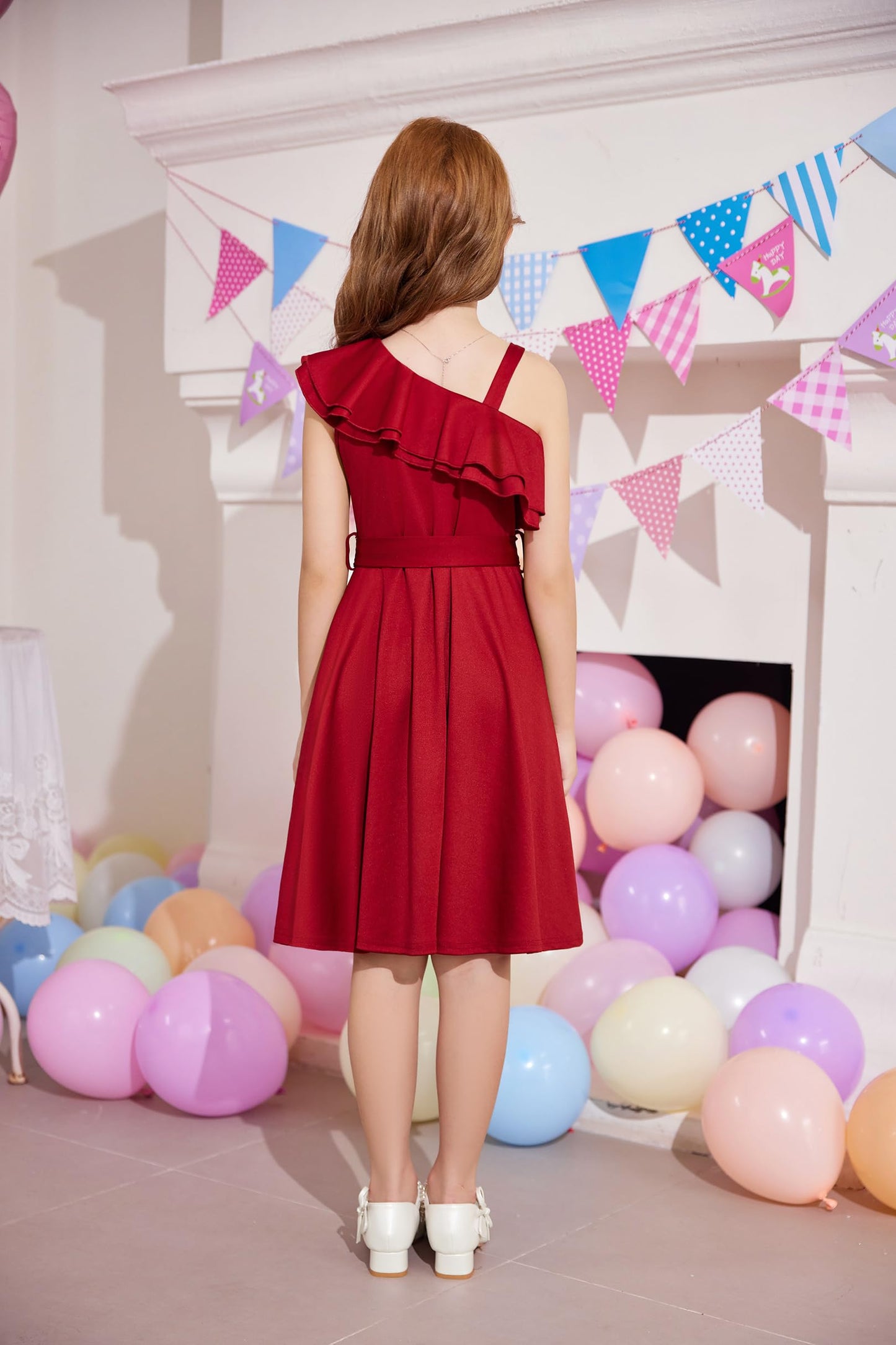 Arshiner Mädchen Kleider Eine-Schulter Kinderkleider Sommer Festliches Kleid Rüschenkragen Elegant Partykleider Swingkleid mit Gürtel ärmelloses Kleid für Mädchen 5-13 Jahre
