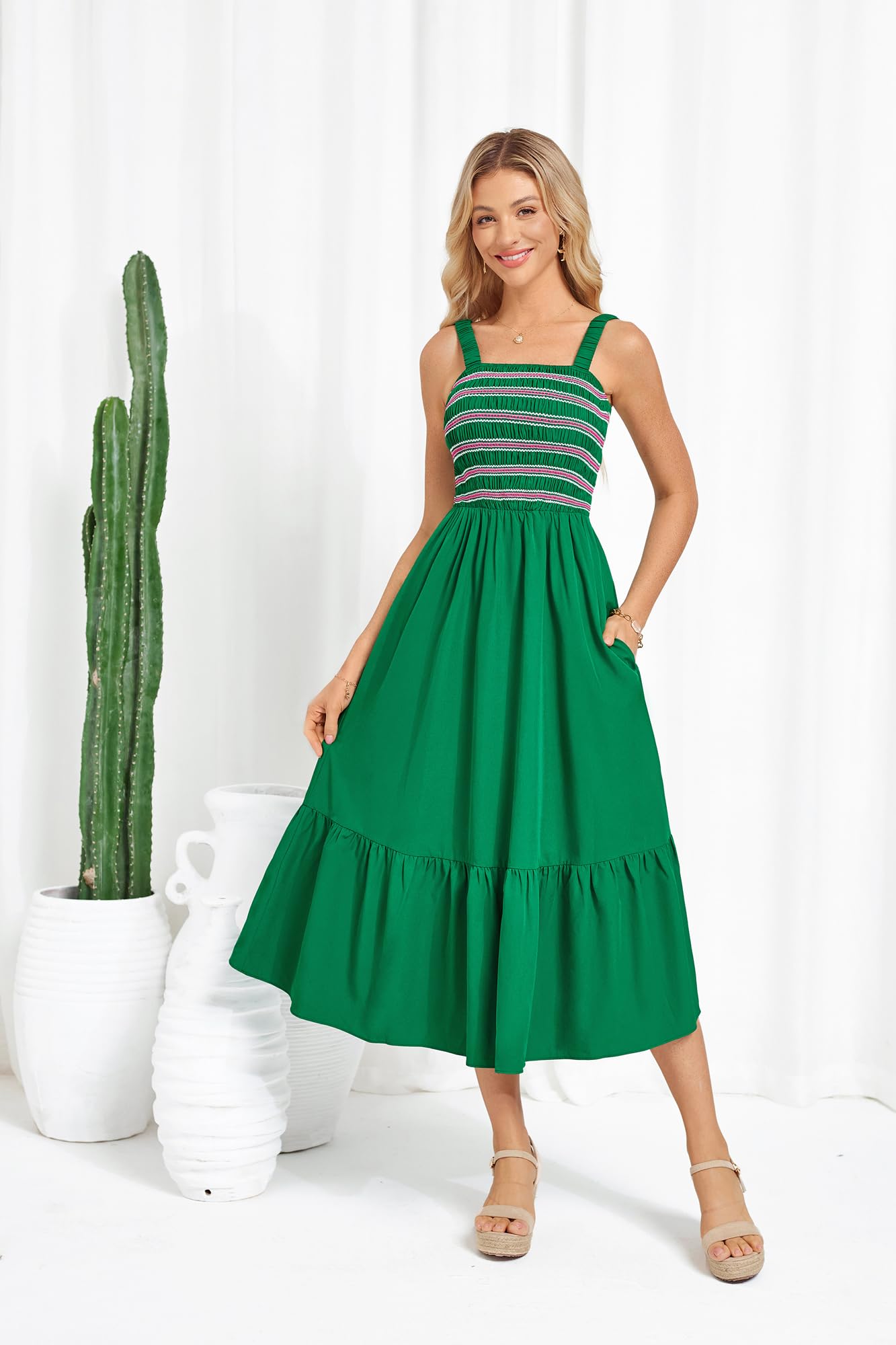 GRACE KARIN Damen Ärmellos Spaghettiträger Freizeitkleid Sommer Langes Strandkleider mit Taschen