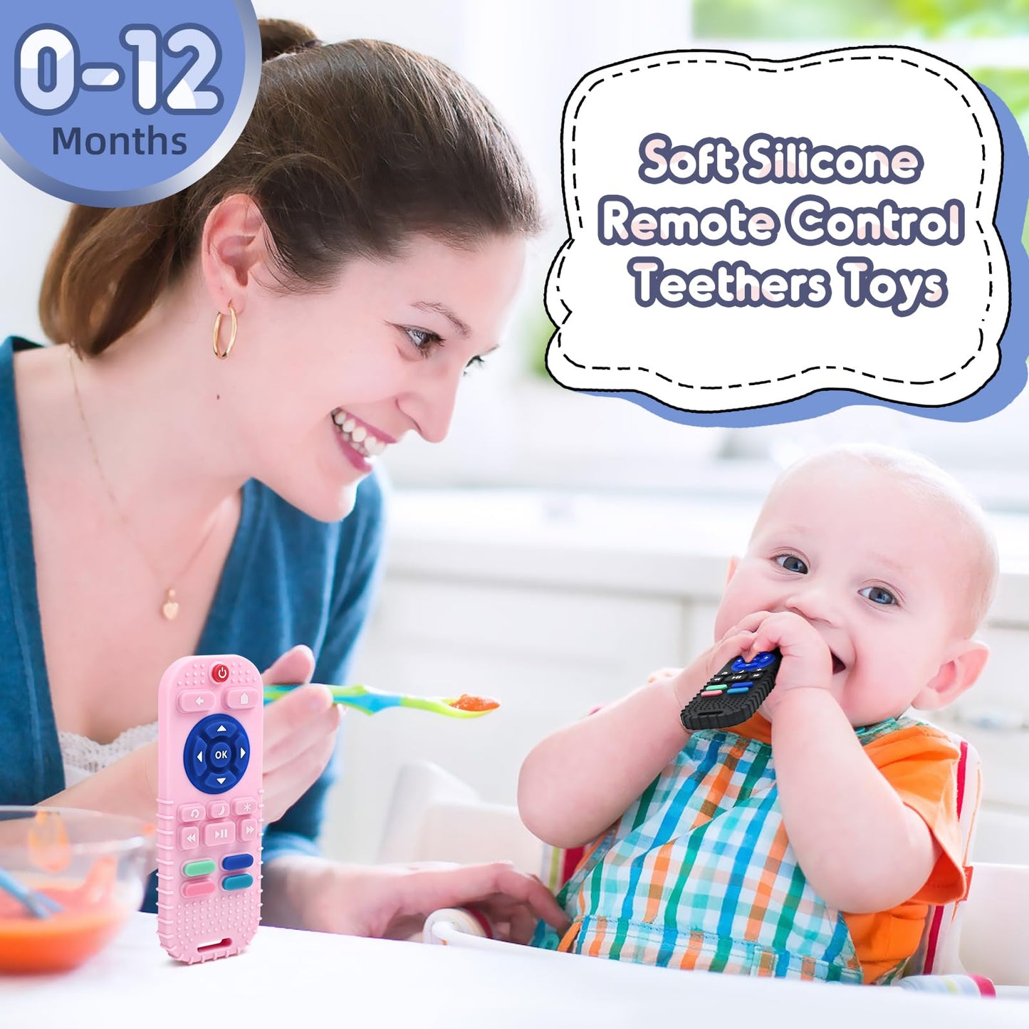 Zahnen Beißringe Spielzeug für Babys 0-6-12 Monate Geschenke, Fernbedienung Baby Zahnungshilfe für 3 6 9 Monate Kleinkind Autismus, Lebensmittelqualität Silikon Badespielzeug, Schwarz
