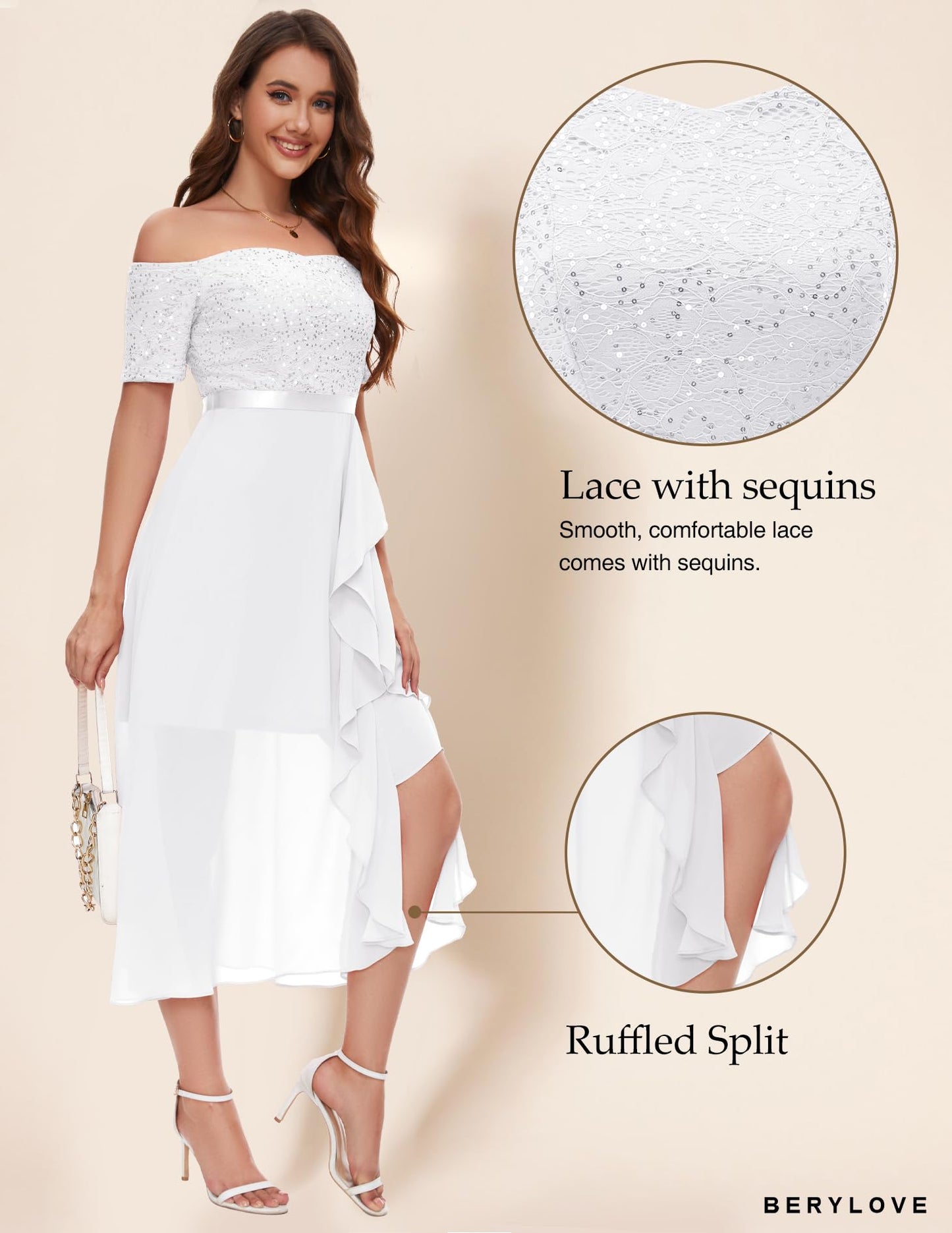 Berylove Abendkleid Damen Lang Glitzer Kleid Cocktailkleid Elegant für Hochzeit Off Shoulder Kleid Ballkleid