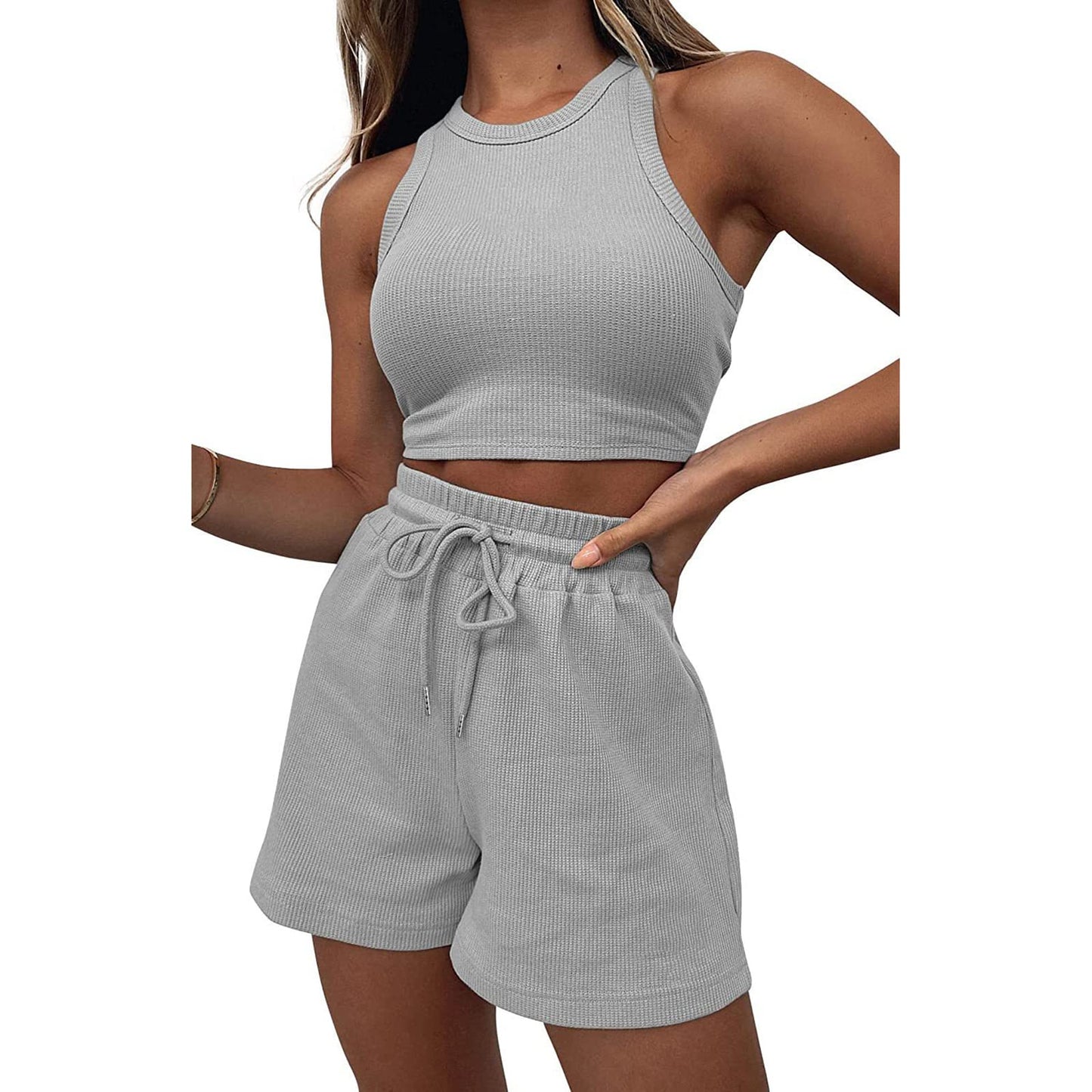 Geagodelia Damen Zweiteiler Sommer Hosenanzug Elegant Outfits Kleidung 2 Teiler Set Crop Tank Top + Shorts Y2k Aesthetic Clothes Workout Sport Anzug