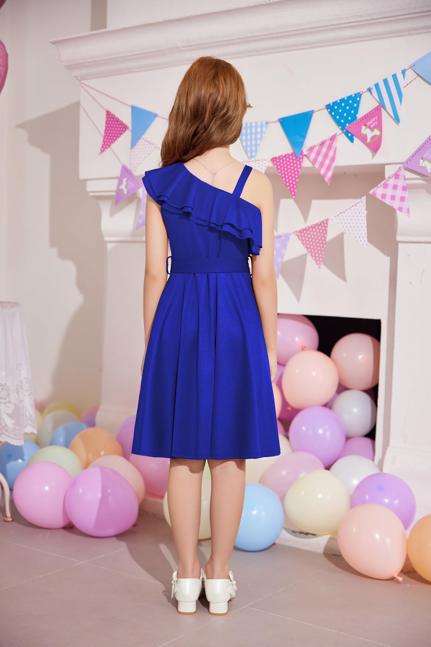 Arshiner Mädchen Kleider Eine-Schulter Kinderkleider Sommer Festliches Kleid Rüschenkragen Elegant Partykleider Swingkleid mit Gürtel ärmelloses Kleid für Mädchen 5-13 Jahre