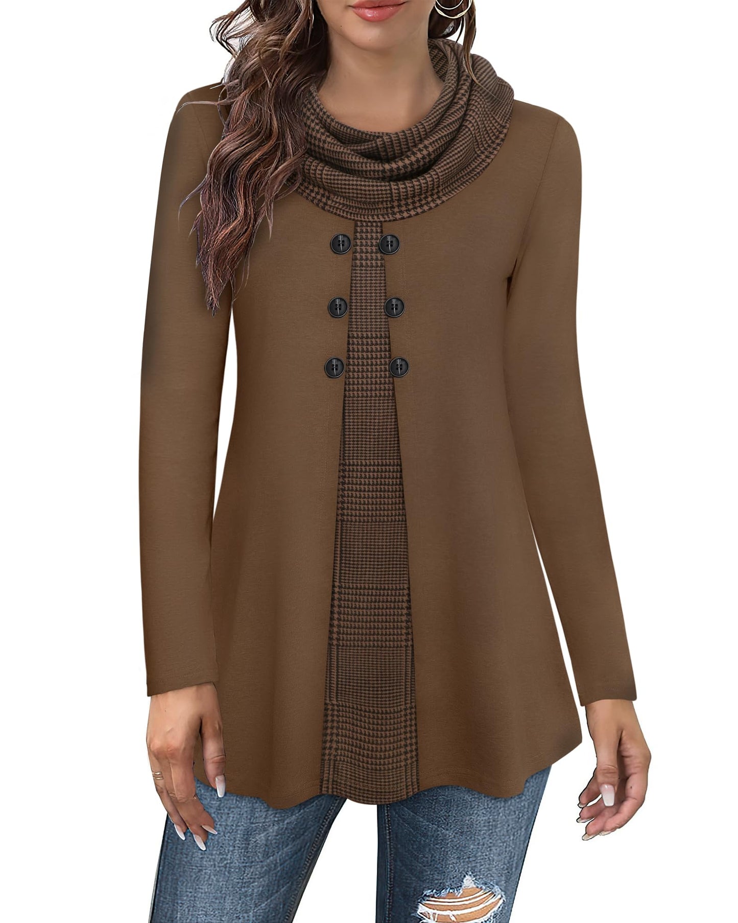 Gaharu Damen Tunika Langarm Elegant Pullover Lang Sweatshirt Schalkragen Patchwork Pulli