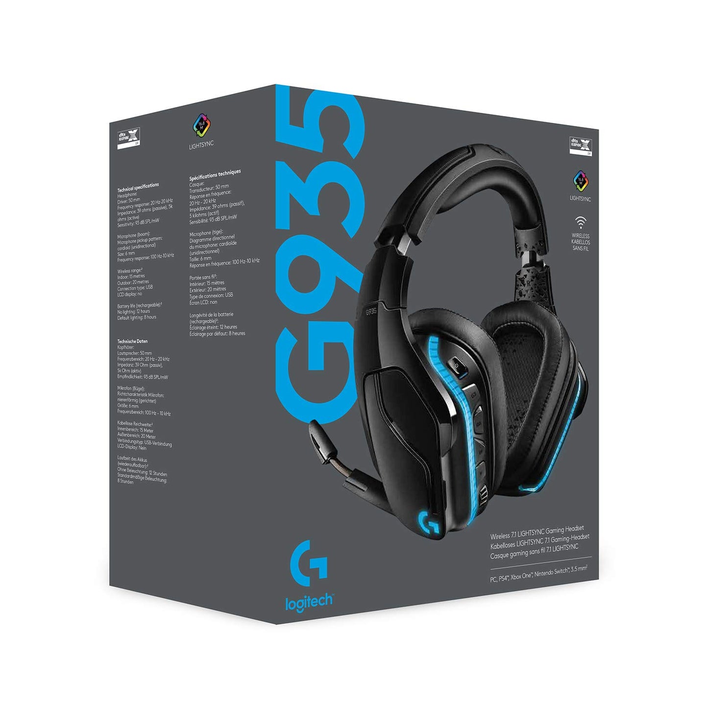Logitech G935 kabelloses Gaming-Headset mit LIGHTSYNC RGB, 7.1 Surround Sound, DTS Headphone:X 2.0, 50mm Treiber, Flip-Stummschaltung, Wireless Verbindung, PC/Xbox One/PS4/Nintendo Switch - Schwarz