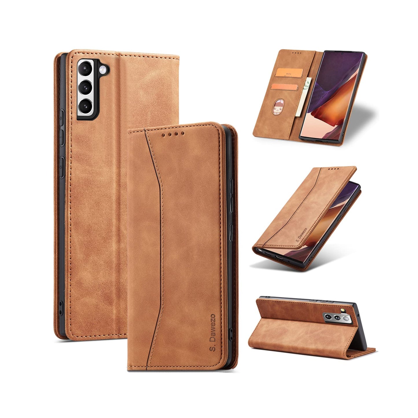 S. Dawezo Hülle für Samsung Galaxy S22 Plus, Premium Leder magnetische Handyhülle mit Ständer, Kartenfach und Brieftasche, Shock Absorbing, kompatibel mit Samsung S22 Plus-Kaffee