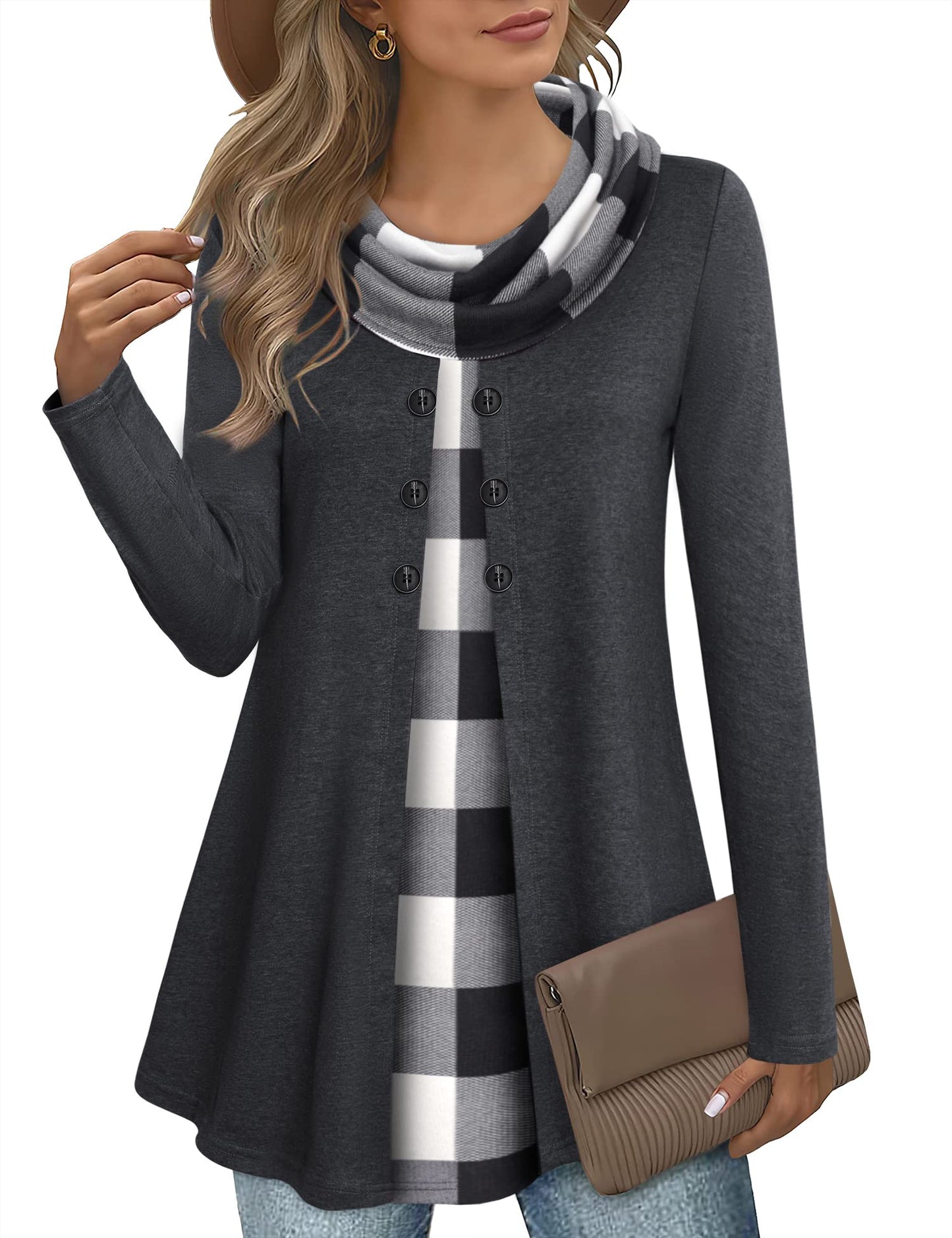 Gaharu Damen Tunika Langarm Elegant Pullover Lang Sweatshirt Schalkragen Patchwork Pulli