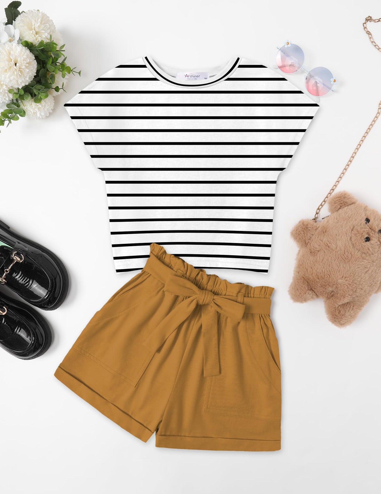 Arshiner Mädchen Tshirt mit Shorts Set Sommer Kinder Bekleidungssets Freizeit Mode überschnittenen Schultern Shirts Zweiteiliges Kleidung Sets für Mädchen 6-14 Jahre