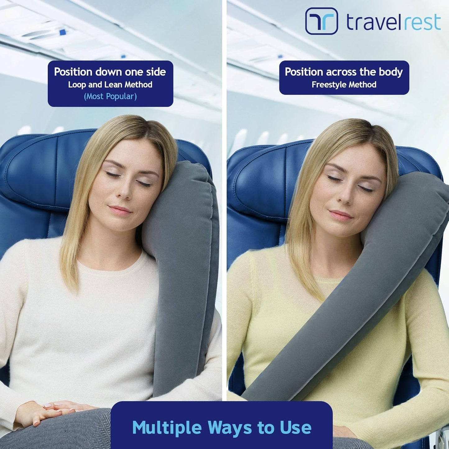 TRAVELREST Ultimatives Reisekissen für Nacken und Körper, Flugzeug- und Autositze, aufblasbar, platzsparend, zum Schlafen auf Langen Flügen, Nickerchen auf Roadtrips, für Reisen im Auto und Bus, blau