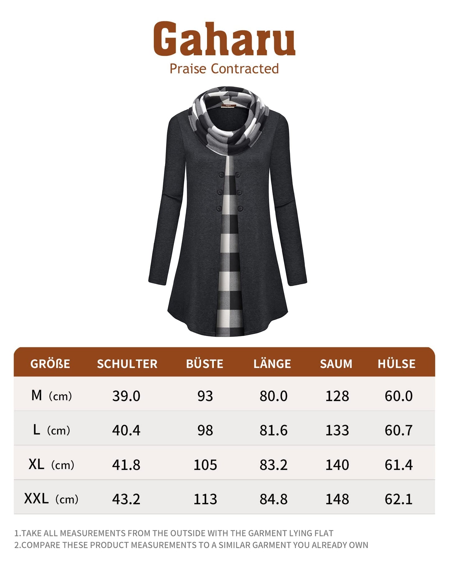 Gaharu Damen Tunika Langarm Elegant Pullover Lang Sweatshirt Schalkragen Patchwork Pulli