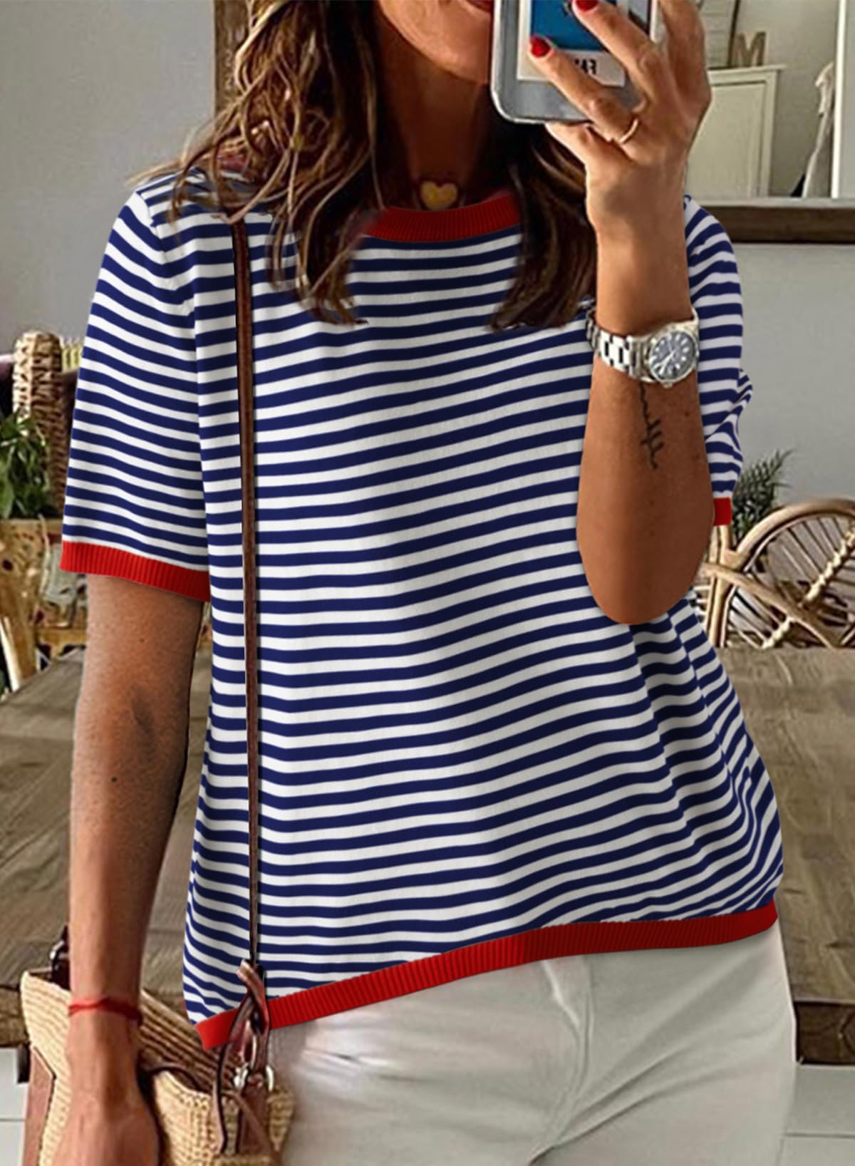 Cuptacc Tshirt Damen Baumwolle Shirt Damen Oberteile Sommer Gestreiftes Rundhals Basic Tops Kurzarm Tunika Damen Blusen Elegant Weiß Schwarz