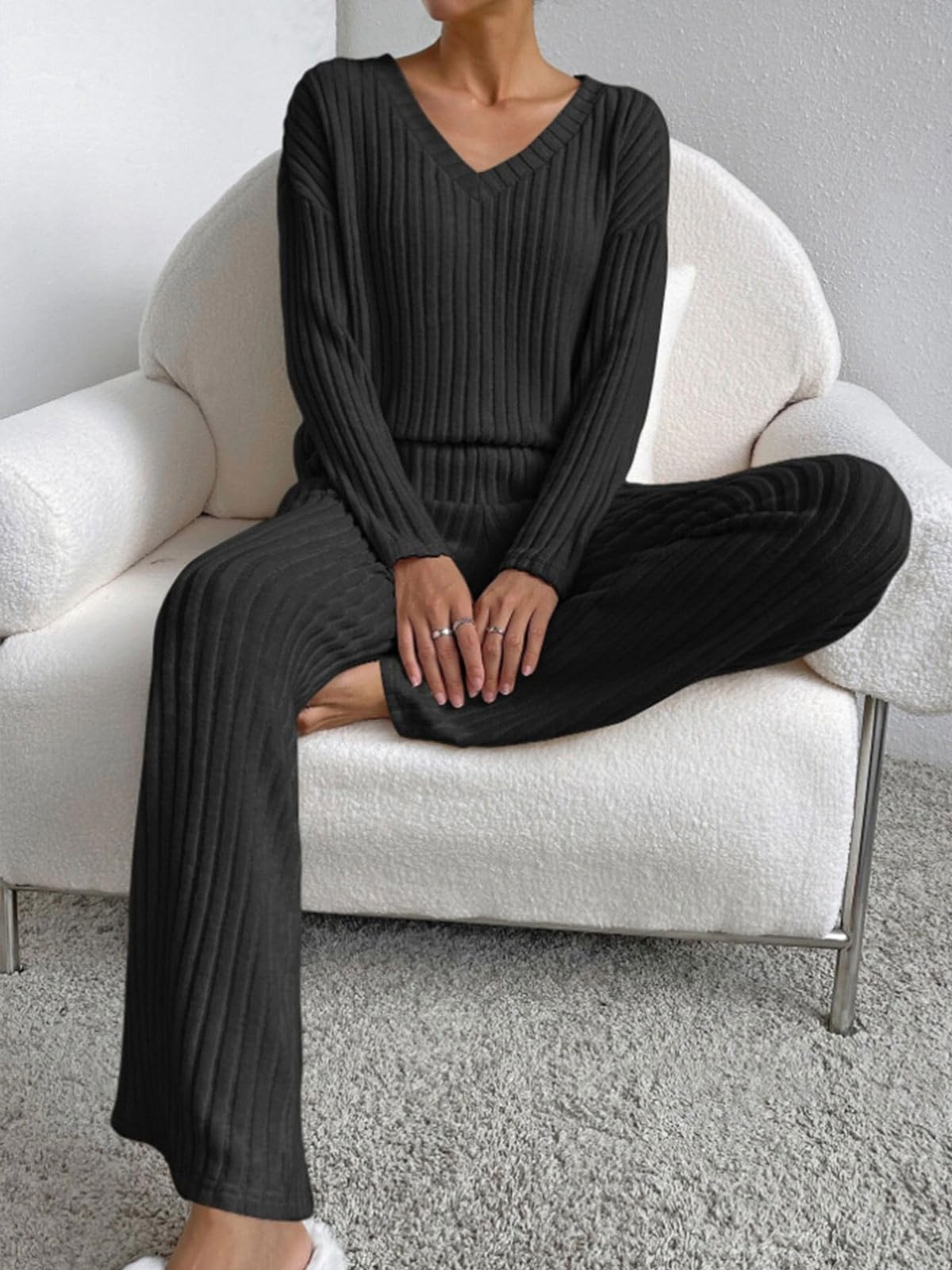CheChury Zweiteiler Damen Lounge Set V-Ausschnitt Einfarbig Loungewear Gerippt Shirt Top Langärm mit Hose 2-Teiliges Hausanzug Jogginganzug Loungewear Nachtwäsche Hauskleidung Freizeit Outfit