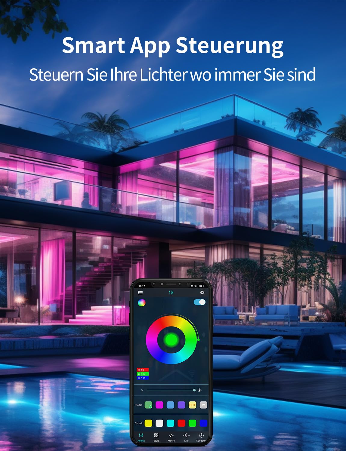 BUNACET COB RGB LED Strip 6M 24V Dimmbar, LED Streifen 3456 LEDs, Leiste Band Stripes Lichtband mit Netzteil RF Fernbedienung & APP Bluetooth für Küche Schlafzimmer Deko