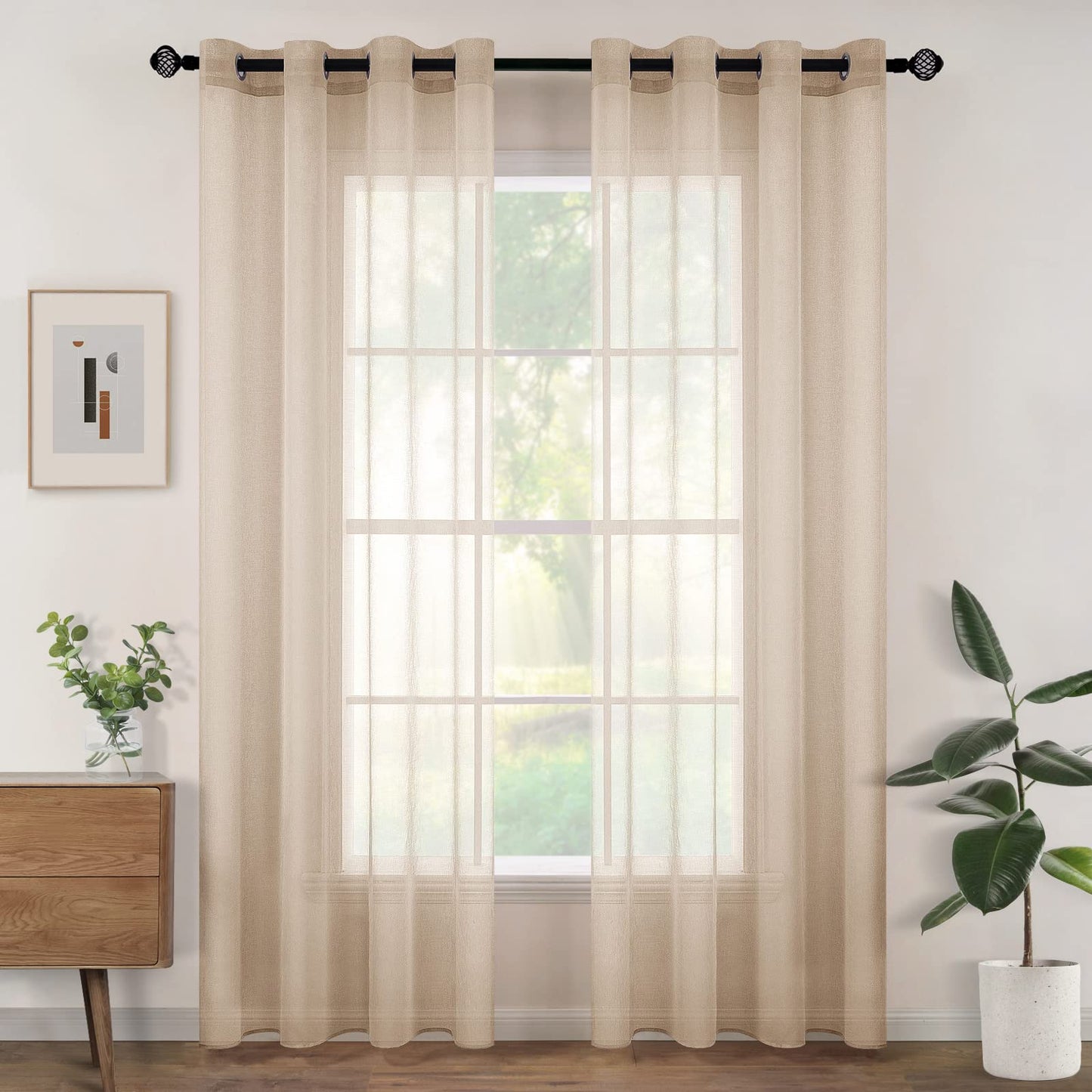 Woaboy Voile Curtains, Short Curtains, Transparent Living Room with Eyelets, Store Curtains for the Bedroom, Eyelet Curtain, Panel Curtain, Loop Curtains, Modern, Set of 2, 140 x 145 cm (W x H), Beige
