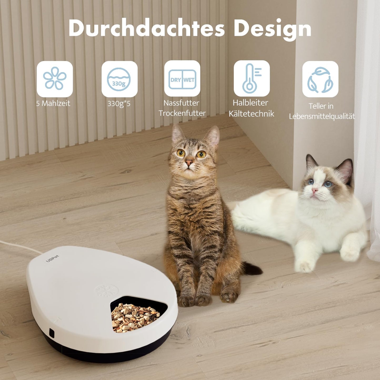 Futterautomat Katze Nassfutter mit Kühlung, 1-4 Tage Frischehaltung, Halbleiter Kühlung, Quick Chills Soße Nassfutter Trockenfutter Katzen Futterautomaten, 5 Mahlzeit Katze Hund katzenfutter automat
