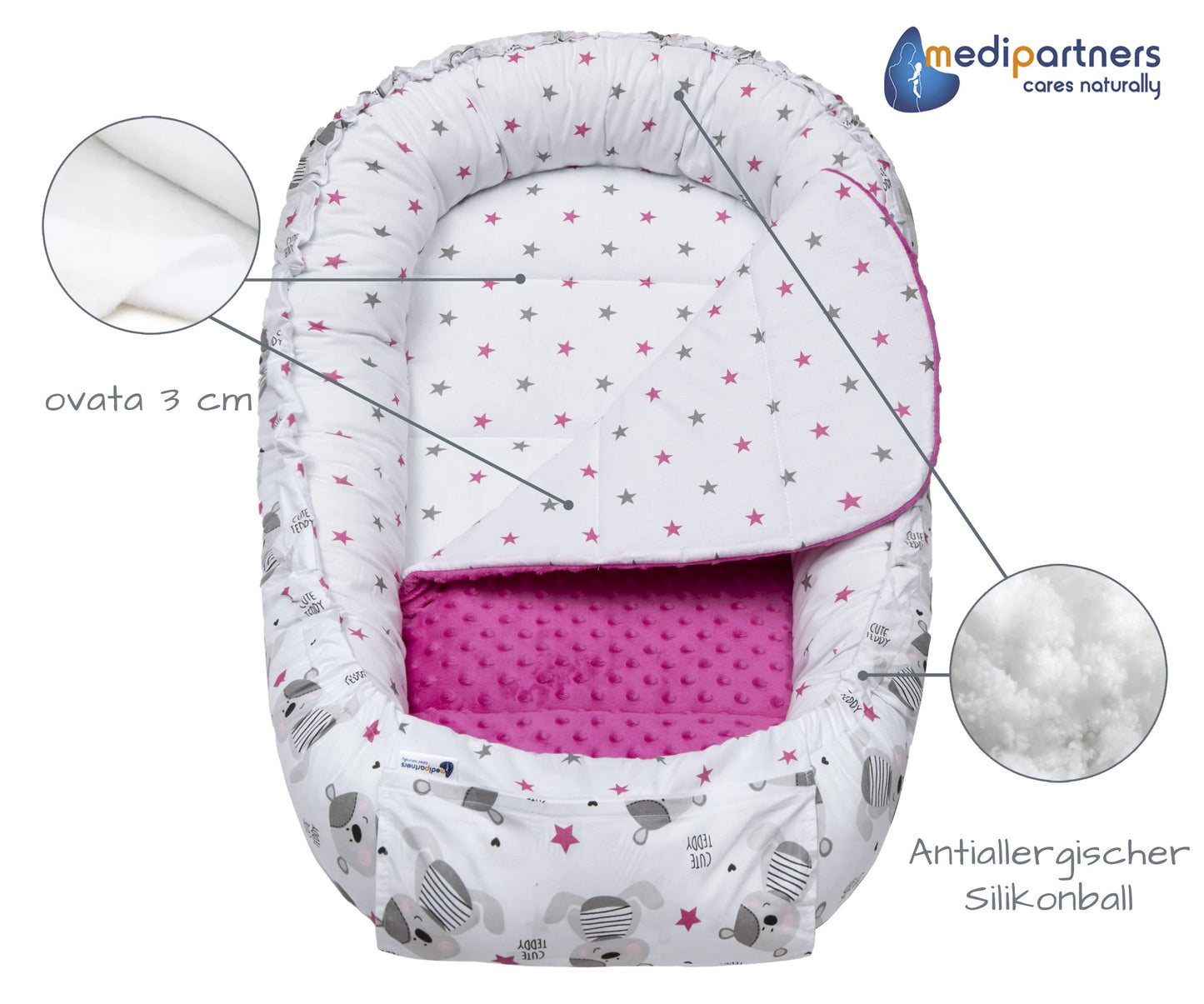 Medi Partners Babynest Nestchen Baby Set für Neugeborene - 100x60x15 Kuschelnest 5 teilig tragbar Nest zweiseitig Babynestchen Bett 100% Baumwolle (Lichtung mit grauem Minky)
