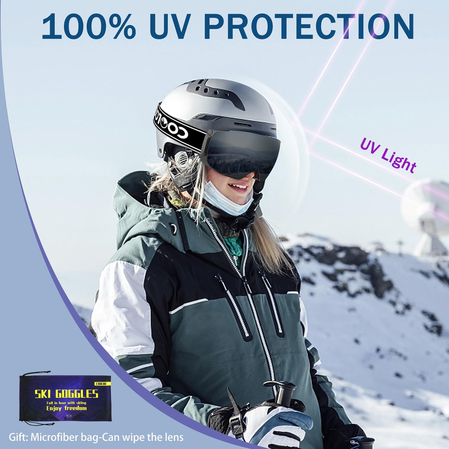 COOLOO Ski Goggles Men Women Teenagers Magnetic OTG Frameless Anti-Fog Protection with 100% UV Protection