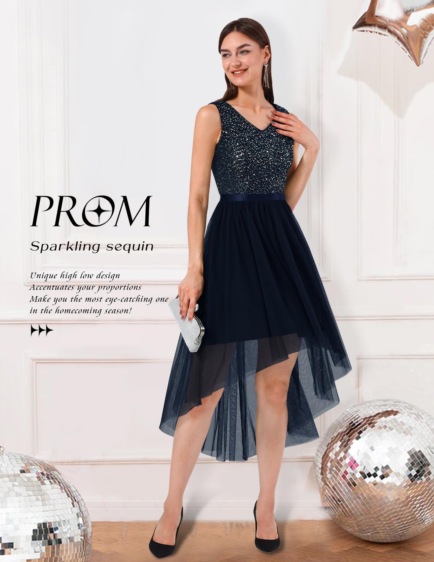 Berylove Kleid Festlich Damen Abendkleid mit Pailletten Cocktailkleid Ballkleid Lang Glitzer V Ausschnitt Ärmellos Tüllkleid