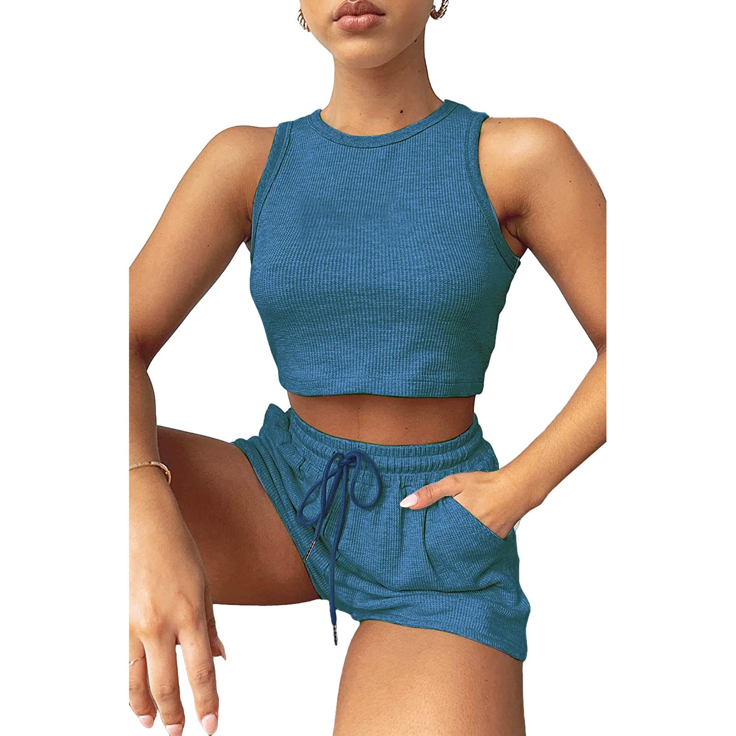 Geagodelia Damen Zweiteiler Sommer Hosenanzug Elegant Outfits Kleidung 2 Teiler Set Crop Tank Top + Shorts Y2k Aesthetic Clothes Workout Sport Anzug