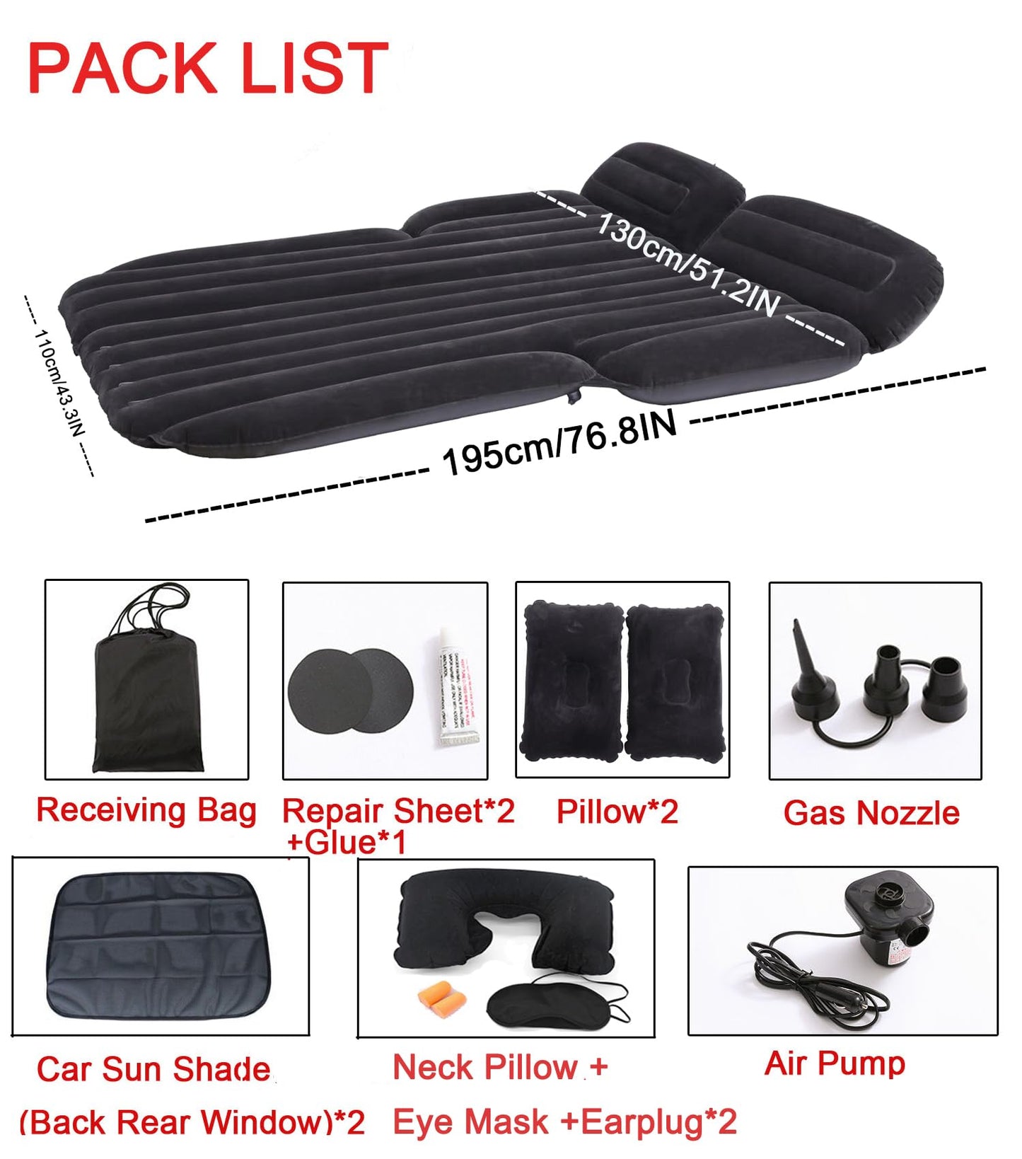 Icelus Auto Matratze SUV Luftmatratze with Luftpumpe 195 * 130 * 15 cm Aufblasbare Camping Kombi Luftbett für Auto Rücksitz Dickere Kofferraum Matratze Bett für Camping Outdoor Traveling