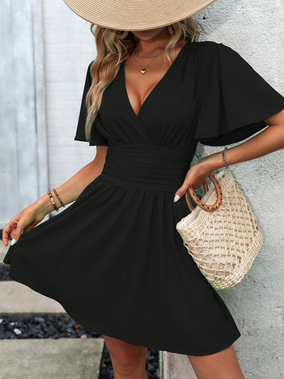 LIAMERHE Damen Elegant Kleid Langarm/Kurze Ärmel V-Ausschnitt Casual Kleider A-Linie Blumenmuster Minikleid Freizeitkleider Sommer Herbst Winter Laternenärmeln Kleid Partykleid