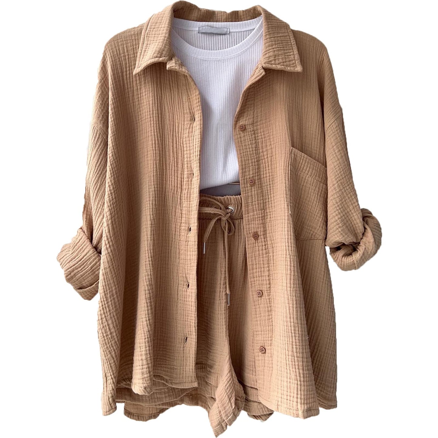 Geagodelia Damen Zweiteiler Elegant Hosenanzug Sommer Outfits Kleidung 2 Teiler Set Bluse Top + Shorts Y2k Aesthetic Clothes Loungewear Anzug