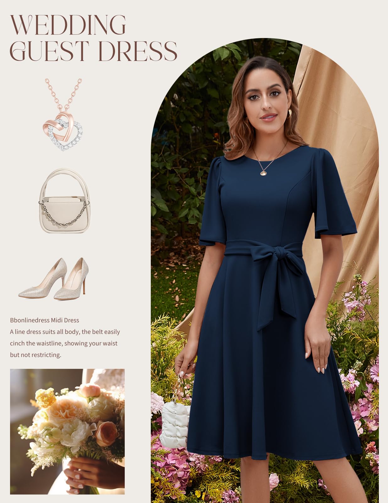 Bbonlinedress Cocktailkleid Damen Kurzarm midilang festlichs Kleid mit Gürtel Abendkleider elegant für Hochzeit Partykleider