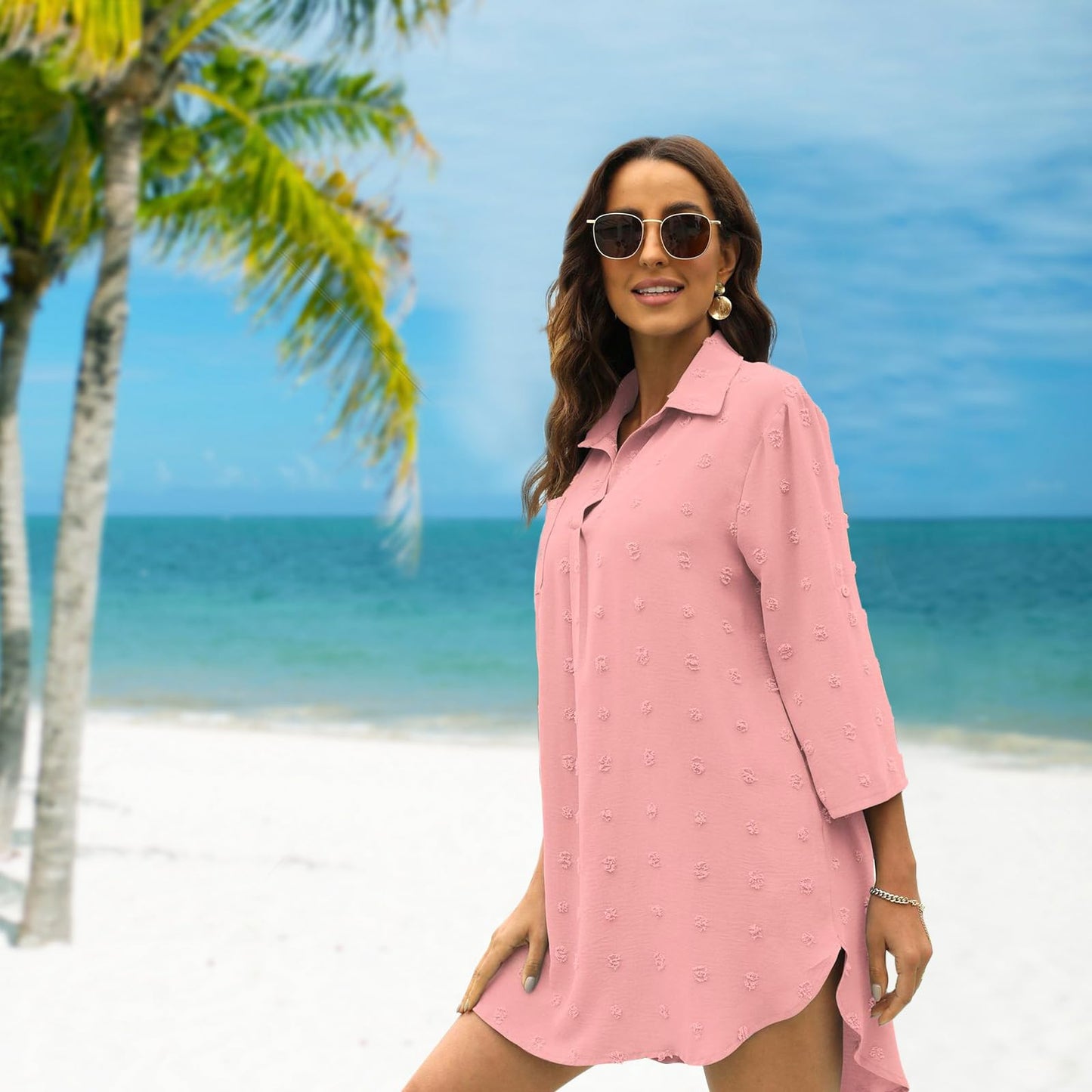 Figarge Strandkleid Damen Bikini Cover Up V-Ausschnitt Baumwolle Strandtunika Sommer Pareos Button Down Strandponcho Badeanzug Strand