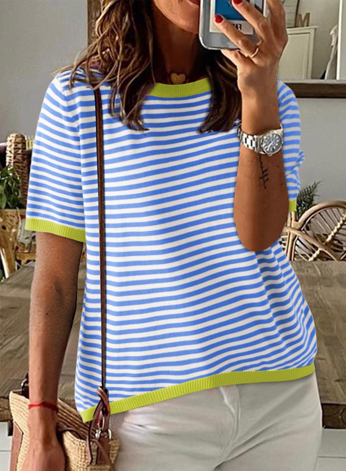 Cuptacc Tshirt Damen Baumwolle Shirt Damen Oberteile Sommer Gestreiftes Rundhals Basic Tops Kurzarm Tunika Damen Blusen Elegant Weiß Schwarz