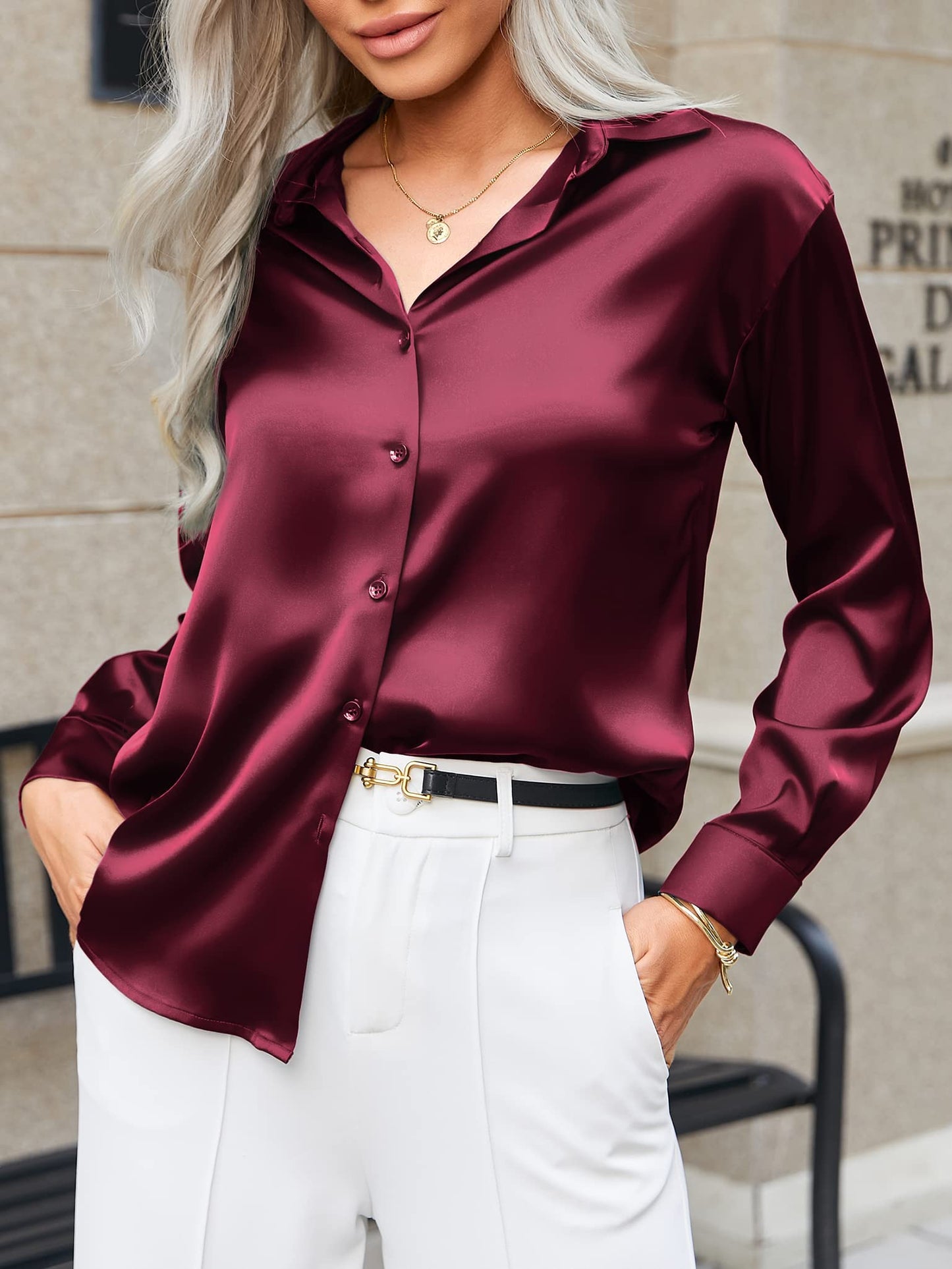 Beyove Damen Bluse Satin Seide V-Ausschnitt Hemden Elegant Langarm Business Oberteile mit Knöpfen Tops Lose Langarmshirt