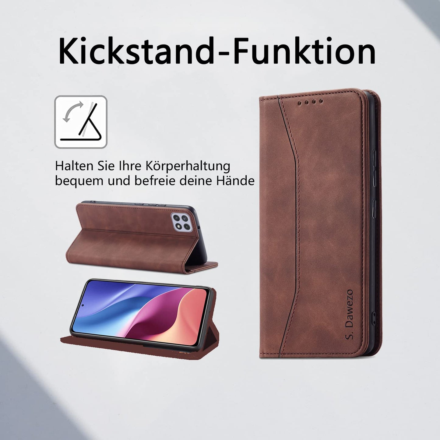 S. Dawezo Hülle für Samsung Galaxy S22 Plus, Premium Leder magnetische Handyhülle mit Ständer, Kartenfach und Brieftasche, Shock Absorbing, kompatibel mit Samsung S22 Plus-Kaffee