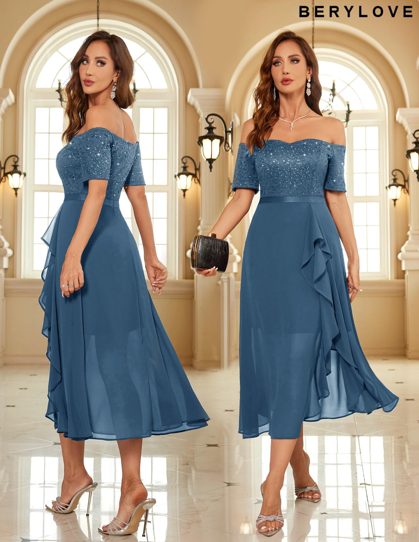 Berylove Abendkleid Damen Lang Glitzer Kleid Cocktailkleid Elegant für Hochzeit Off Shoulder Kleid Ballkleid