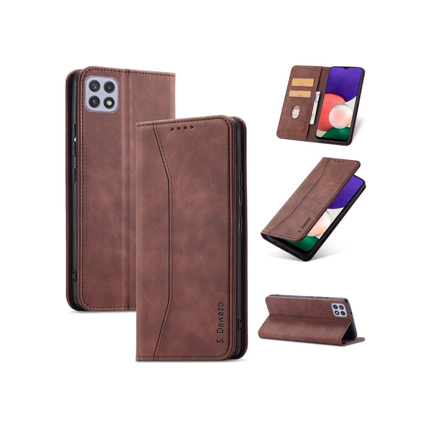 S. Dawezo Hülle für Samsung Galaxy S22 Plus, Premium Leder magnetische Handyhülle mit Ständer, Kartenfach und Brieftasche, Shock Absorbing, kompatibel mit Samsung S22 Plus-Kaffee