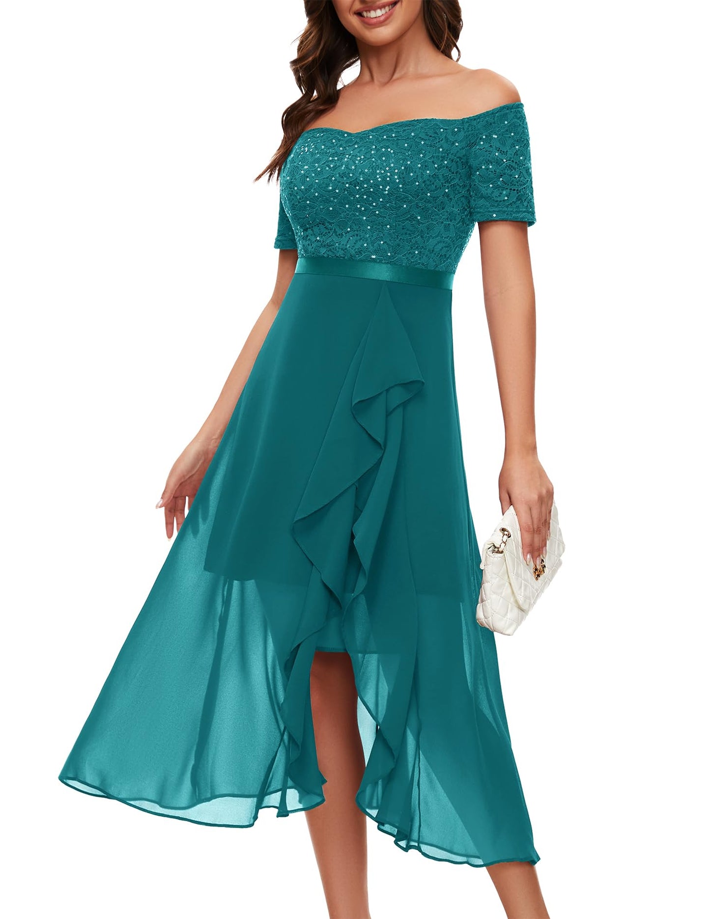 Berylove Abendkleid Damen Lang Glitzer Kleid Cocktailkleid Elegant für Hochzeit Off Shoulder Kleid Ballkleid