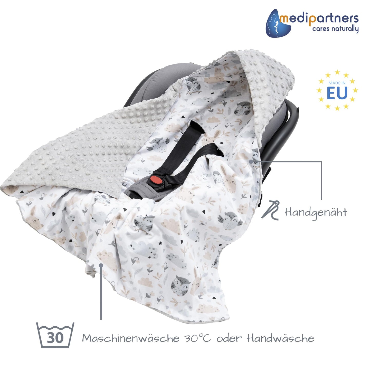 Medi Partners Einschlagdecke Baby Babyschale 100% Baumwolle für Sommer 85x85cm Kinderwagen Kuscheldecke universal Baby Decke Einschlagdecken Babydecke Buggy Autositz (weiße Sterne mit grauen Minky