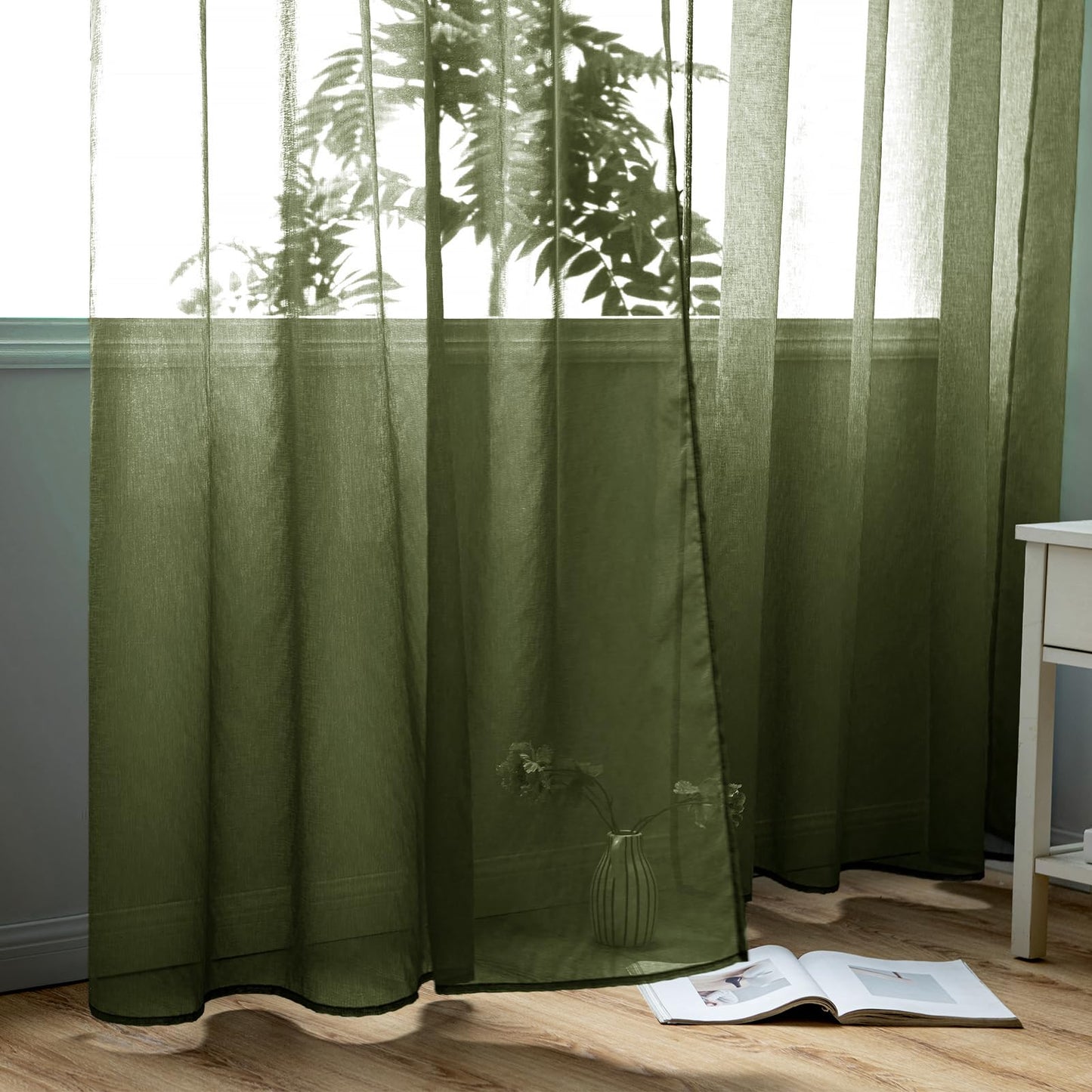 Woaboy Voile Curtains, Short Curtains, Transparent Living Room with Eyelets, Store Curtains for the Bedroom, Eyelet Curtain, Panel Curtain, Loop Curtains, Modern, Set of 2, 140 x 145 cm (W x H), Beige