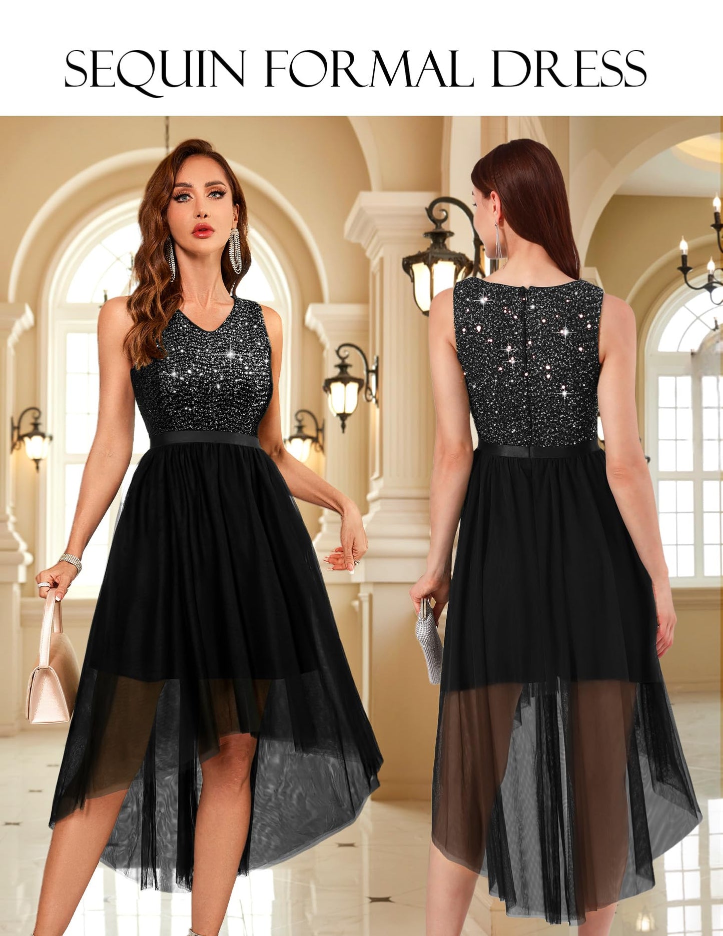 Berylove Kleid Festlich Damen Abendkleid mit Pailletten Cocktailkleid Ballkleid Lang Glitzer V Ausschnitt Ärmellos Tüllkleid