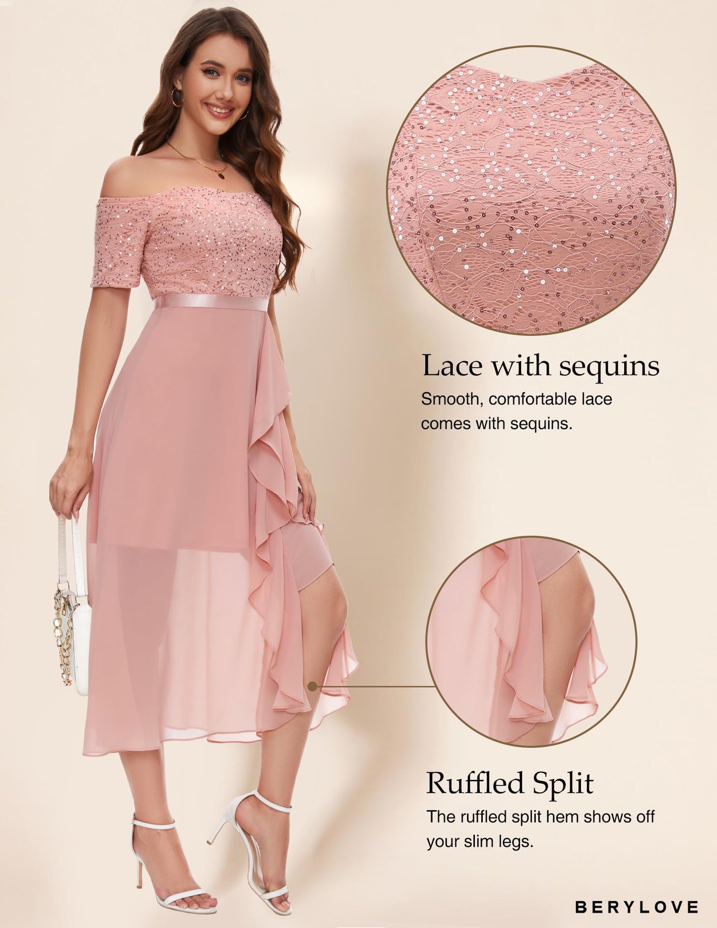 Berylove Abendkleid Damen Lang Glitzer Kleid Cocktailkleid Elegant für Hochzeit Off Shoulder Kleid Ballkleid
