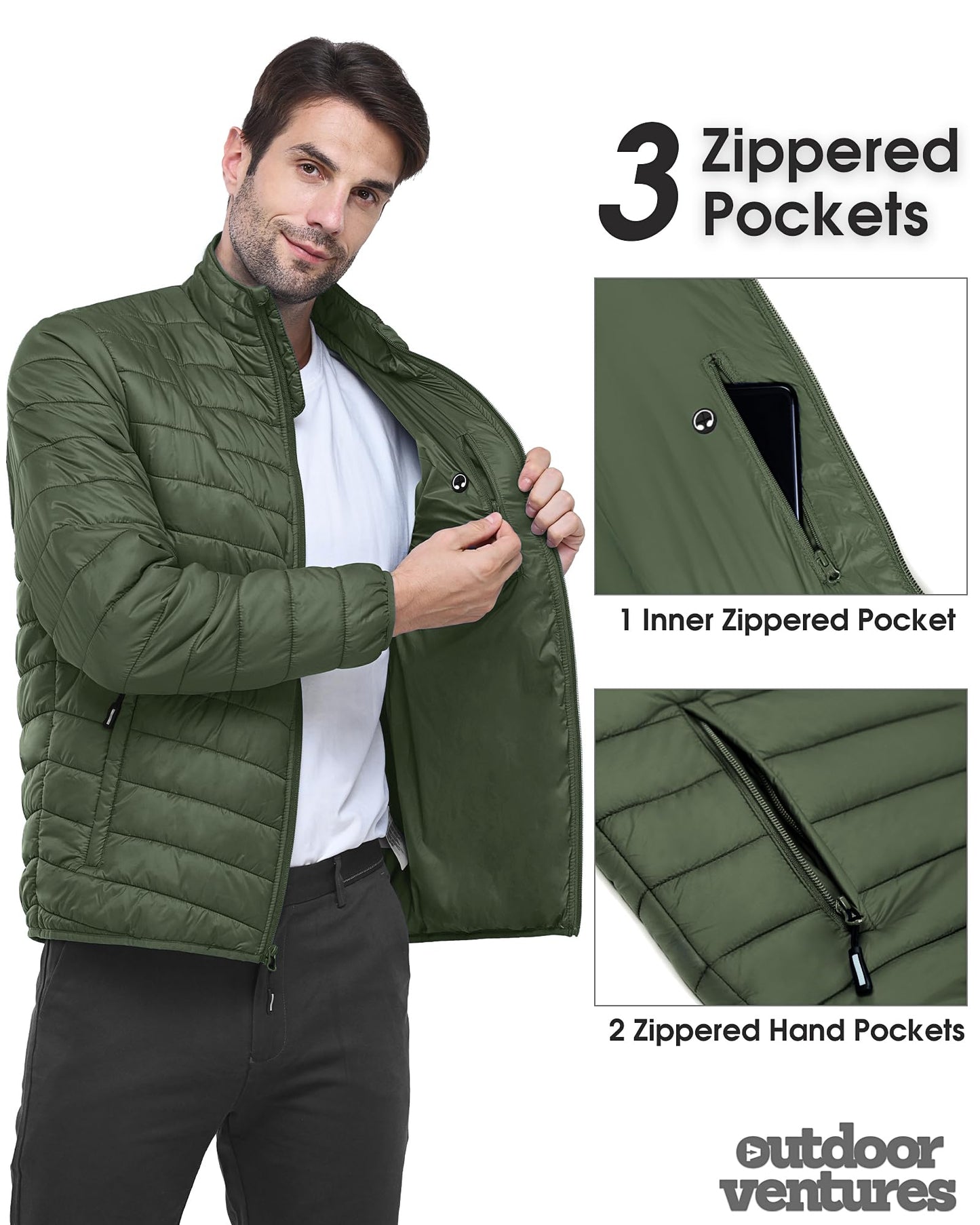 Outdoor Ventures Herren Steppjacke Packbare Leichte Warme Übergangsjacke Herren Wasserfeste Pufferjacke mit 3 Taschen für Outdoor Casual Wandern
