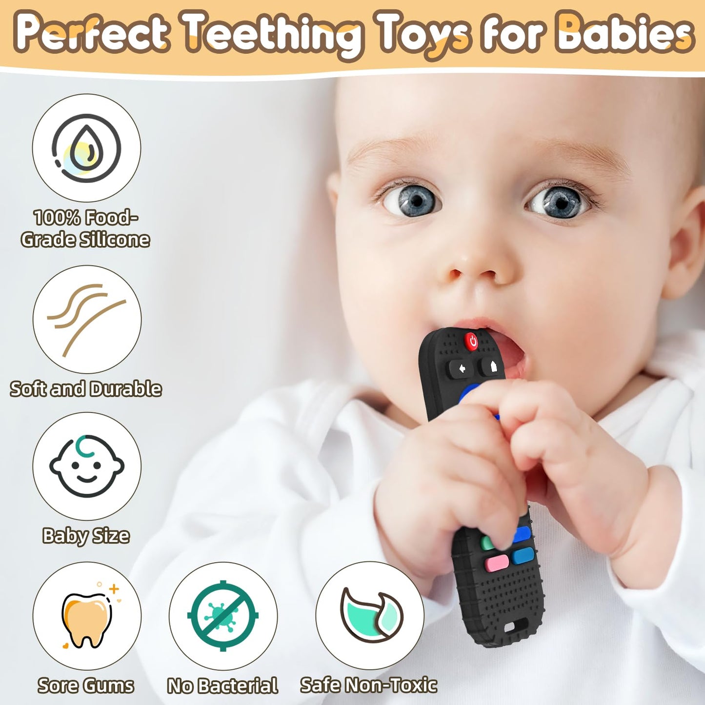 Zahnen Beißringe Spielzeug für Babys 0-6-12 Monate Geschenke, Fernbedienung Baby Zahnungshilfe für 3 6 9 Monate Kleinkind Autismus, Lebensmittelqualität Silikon Badespielzeug, Schwarz