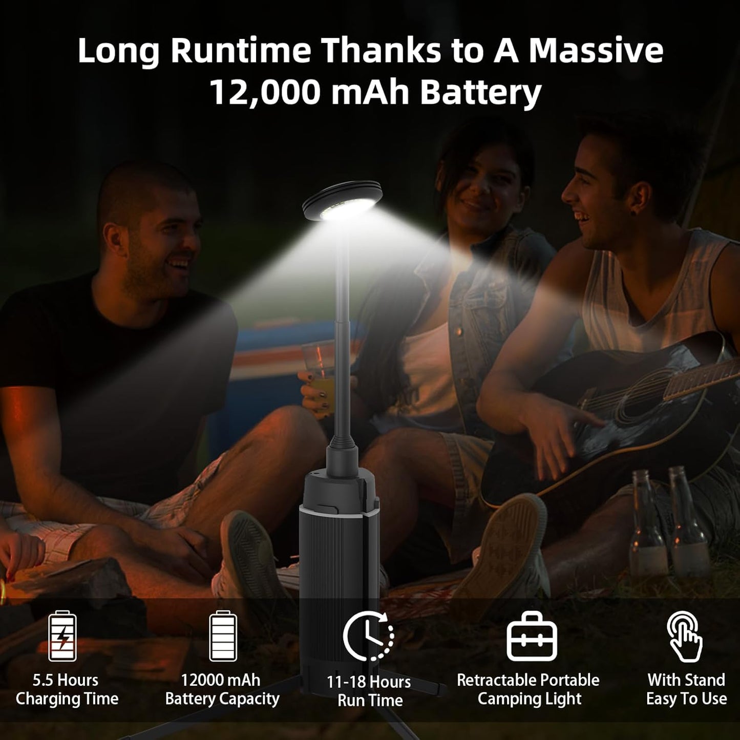 Outdoor campinglampe, wiederaufladbar mit 12000mAh Powerbank Camping-Leuchten mit supergroßer Kapazität, Einstellbare Höhe und Helligkeit, 800LM, 3 Lichtmodi, Taschenlampe für Camping, Reisen, Angeln