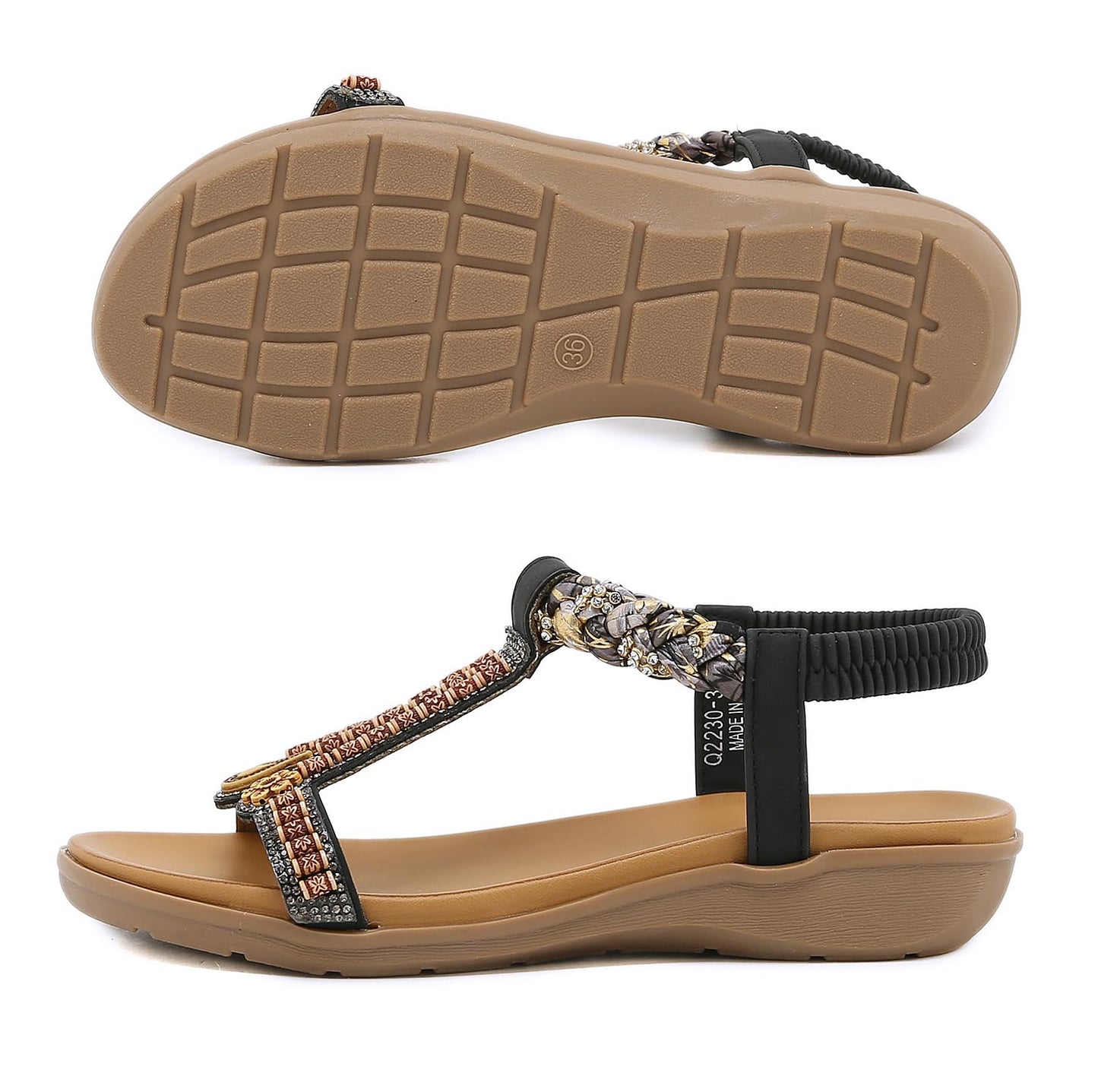 Meik Mangni Damen Sandalen Sommer Bohemian Flache Zehentrenner Strass Sandaletten Strand Schuhe Plattform Flip Flops Gr.36-42