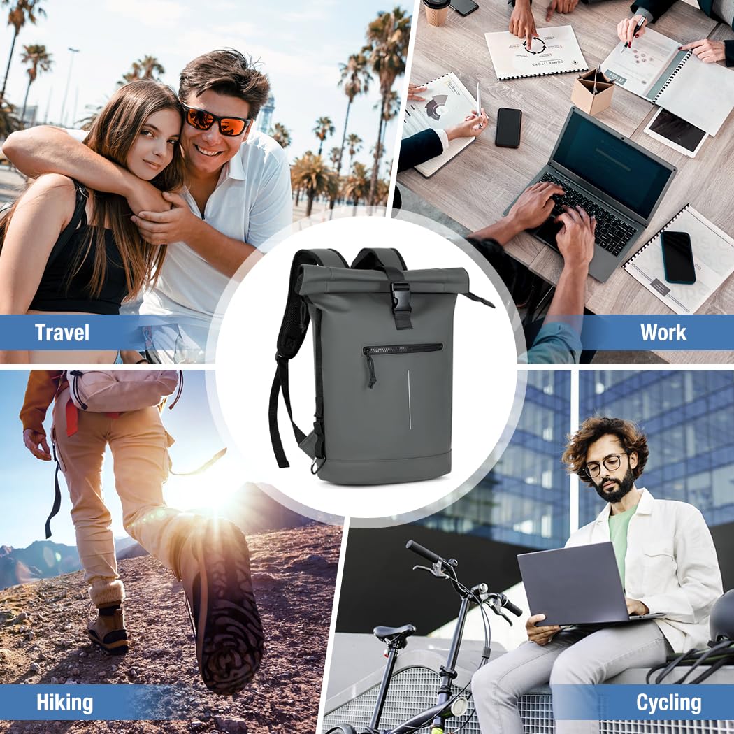 Lekeinchi Rolltop Rucksack Wasserdicht für Damen & Herren, Großer Laptop Rucksack mit Computerfach für 17 Zoll Laptop, Elegant Reiserucksack Daypack für Reisen, Radfahren, Uni Schule, Arbeit-Blau