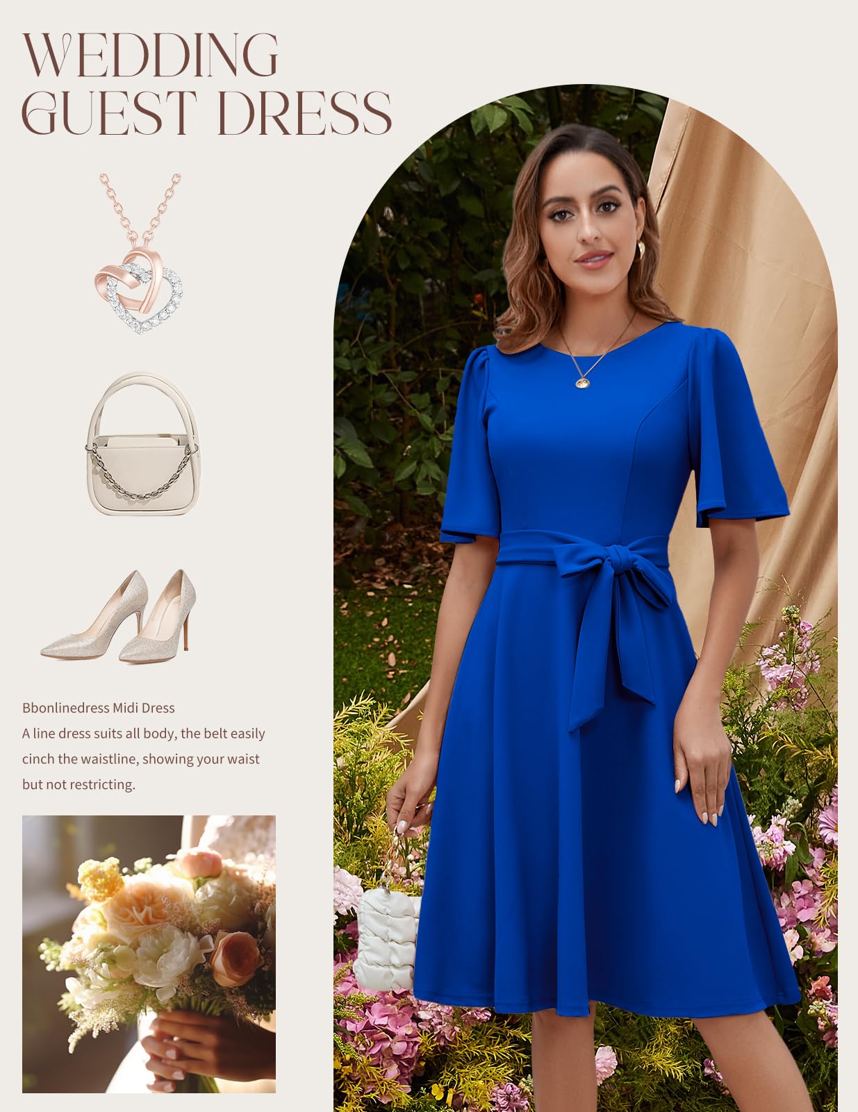 Bbonlinedress Cocktailkleid Damen Kurzarm midilang festlichs Kleid mit Gürtel Abendkleider elegant für Hochzeit Partykleider